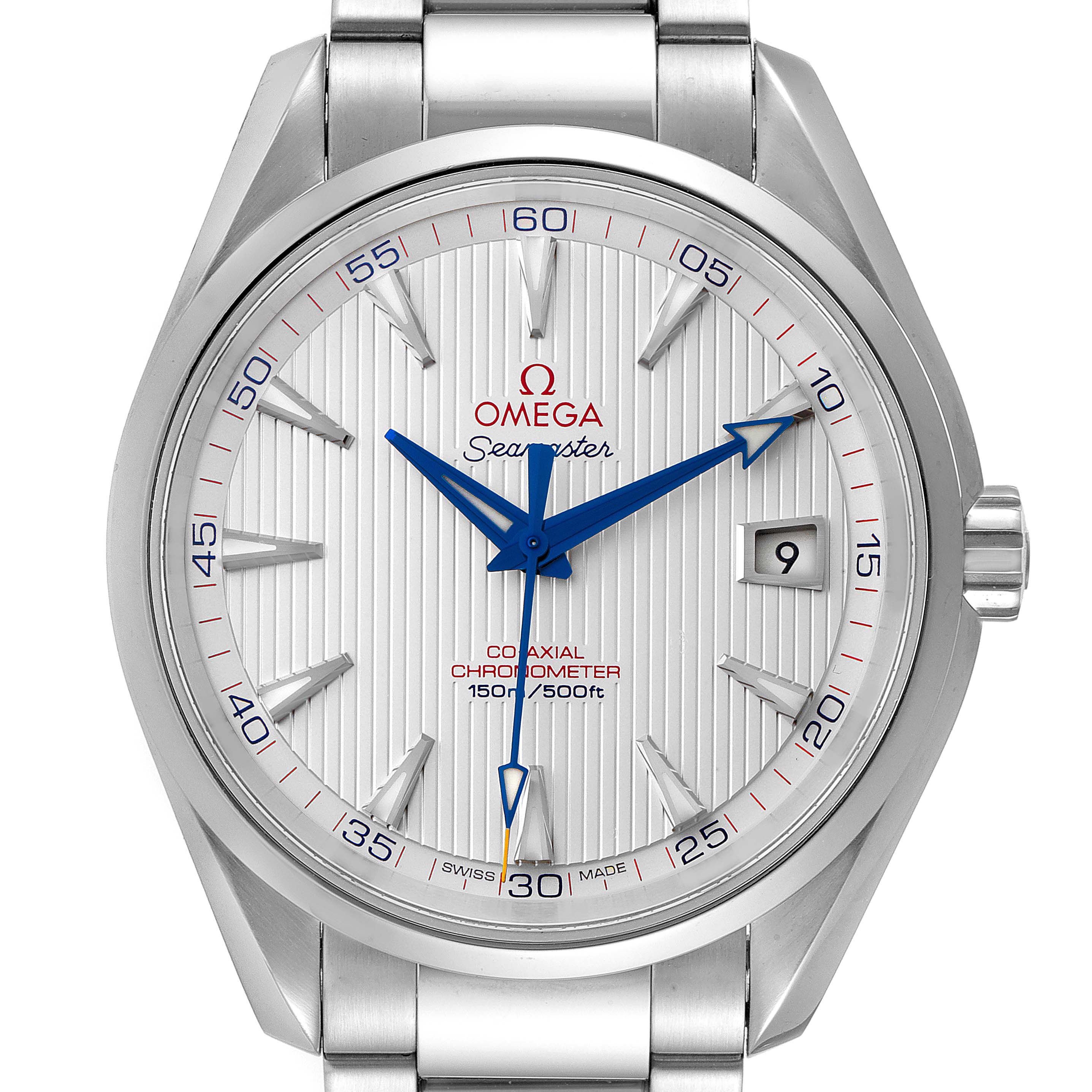 The image shows a front view of the Omega Seamaster Aqua Terra watch, displaying its face and stainless steel bracelet.