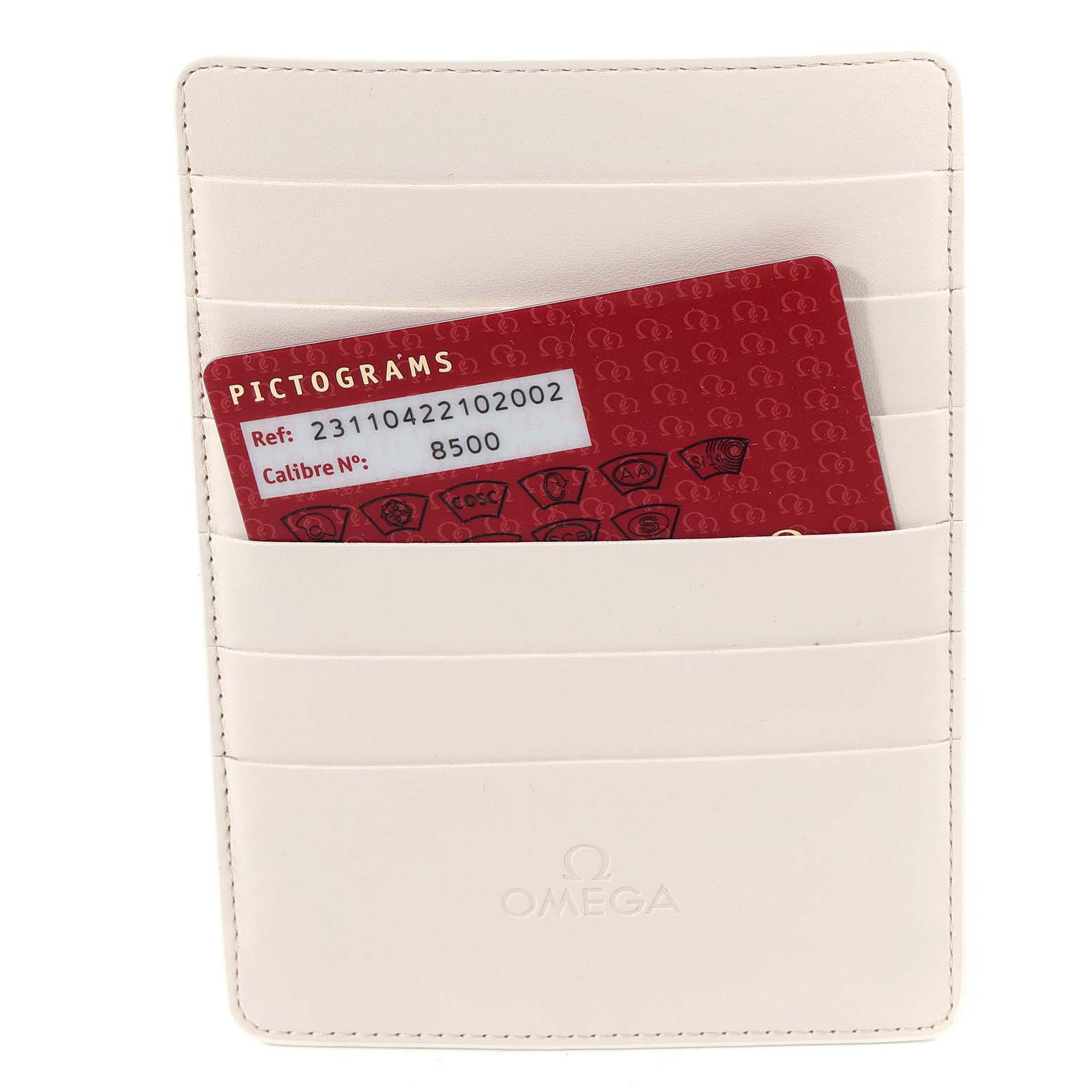 The image shows a cardholder with Omega branding, containing a red pictogram card for the Omega Aqua Terra 231.10.42.21.02.002 Men's Stainless Steel Silver Dial 231.10.42.21.02.002 Men's Stainless Steel Silver Dial watch model.