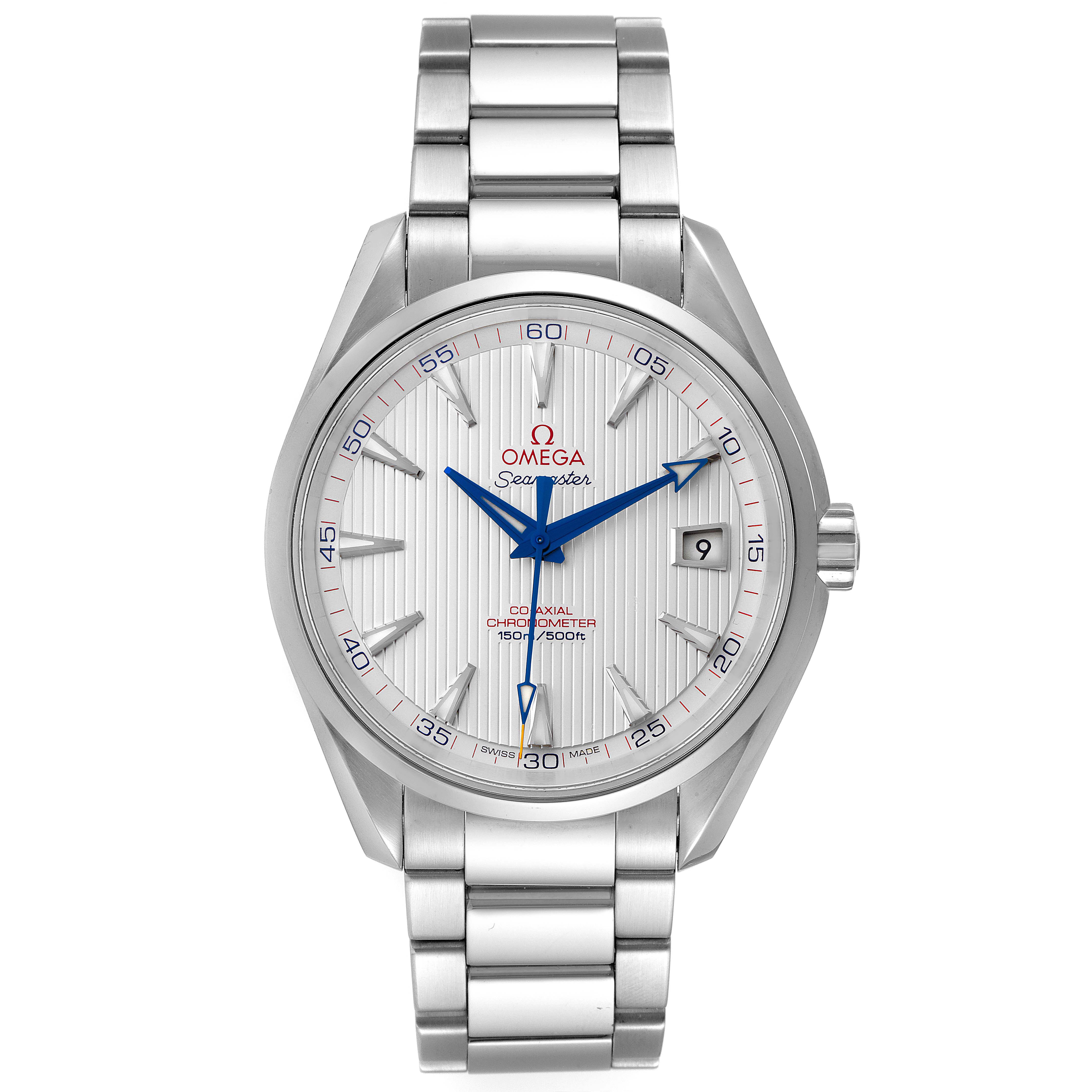 The Omega Aqua Terra 231.10.42.21.02.002 Men's Stainless Steel Silver Dial 231.10.42.21.02.002 Men's Stainless Steel Silver Dial watch is displayed from a front angle, showing its face, bezel, and bracelet.