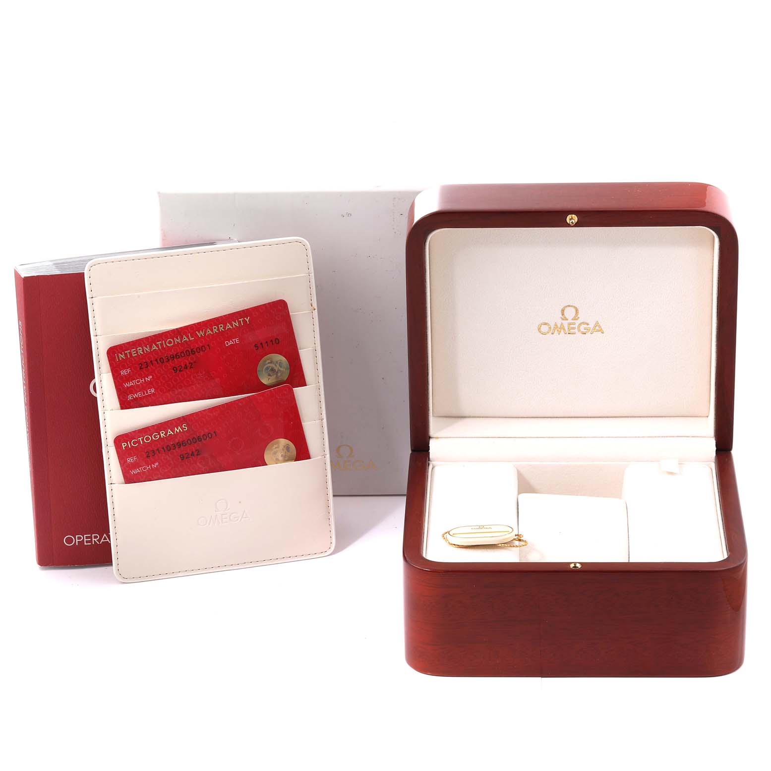 The image shows an Omega Aqua Terra 231.10.39.60.06.001 Men
s Stainless Steel Grey Dial 231.10.39.60.06.001 Men
s Stainless Steel Grey Dial watch box, warranty cards, a manual booklet, and a white cardholder.