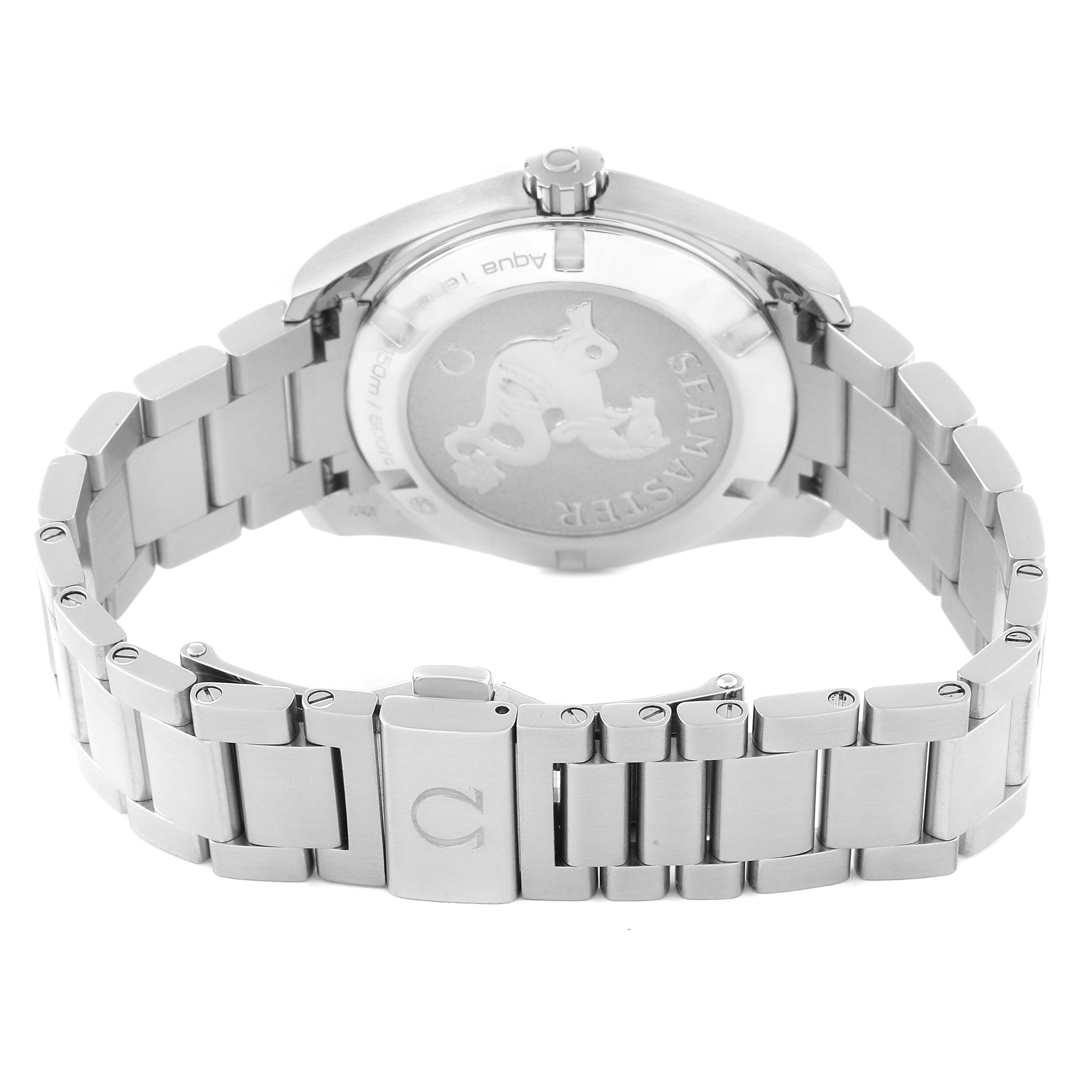 This image shows the back case and bracelet of the Omega Aqua Terra 231.10.39.60.06.001 Men
s Stainless Steel Grey Dial 231.10.39.60.06.001 Men
s Stainless Steel Grey Dial watch at an angle.