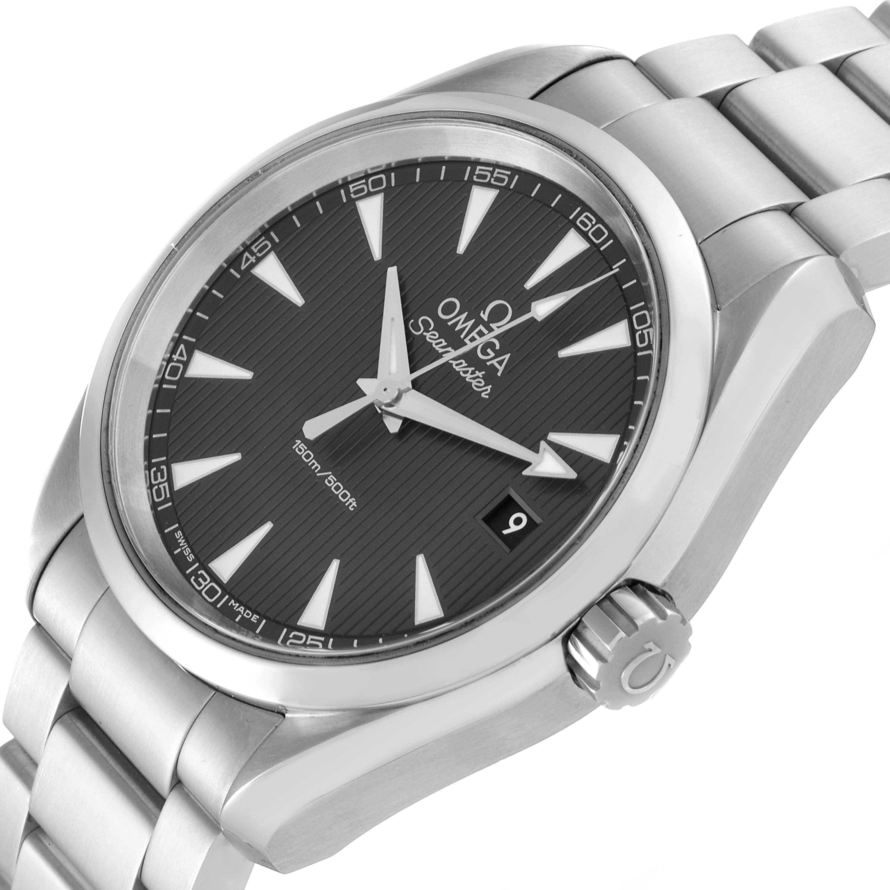 This image shows the face, bezel, crown, and part of the stainless steel bracelet of the Omega Aqua Terra 231.10.39.60.06.001 Men
s Stainless Steel Grey Dial 231.10.39.60.06.001 Men
s Stainless Steel Grey Dial watch at an angled view.
