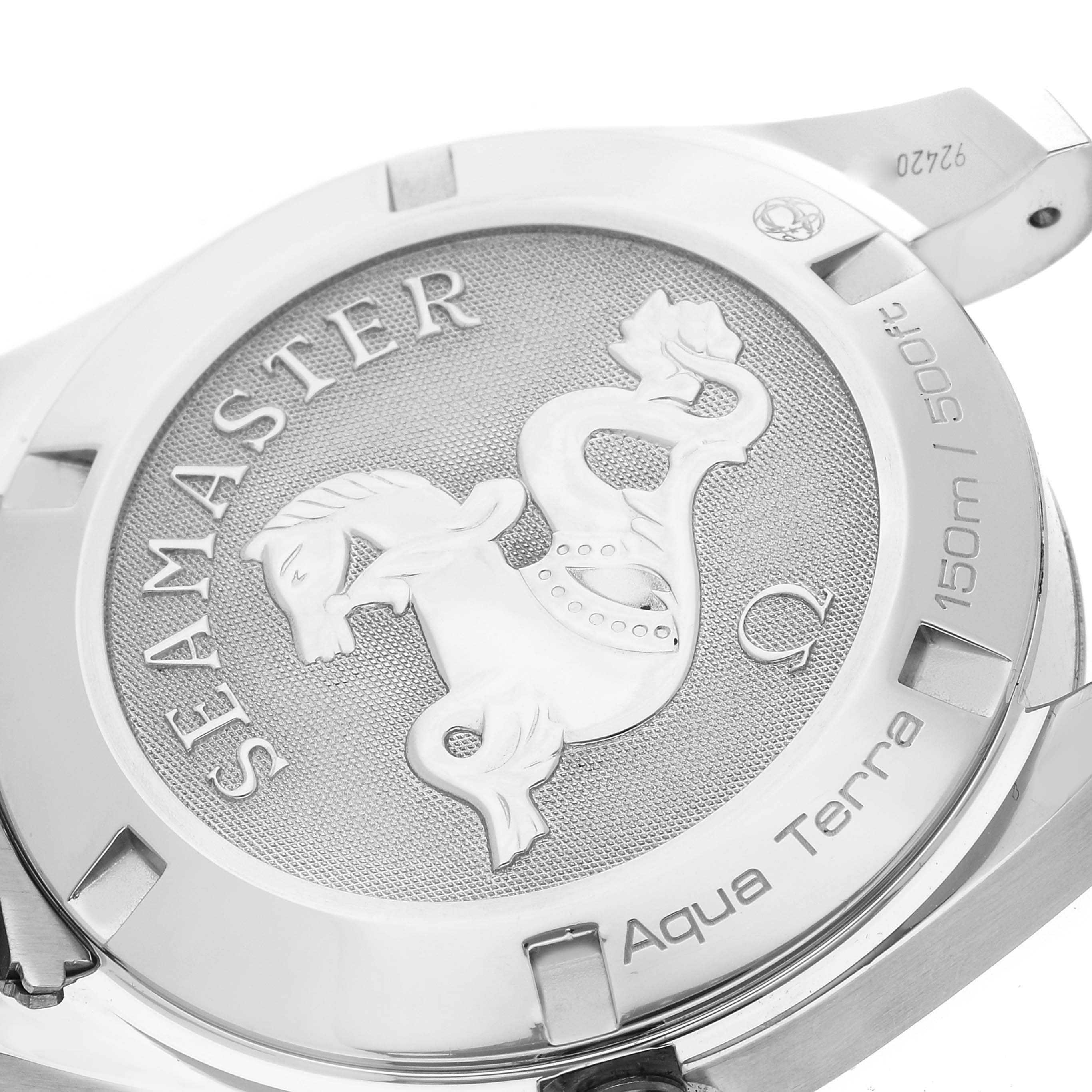 This image shows the back casing of an Omega Seamaster Aqua Terra watch, highlighting the engraving and model details.