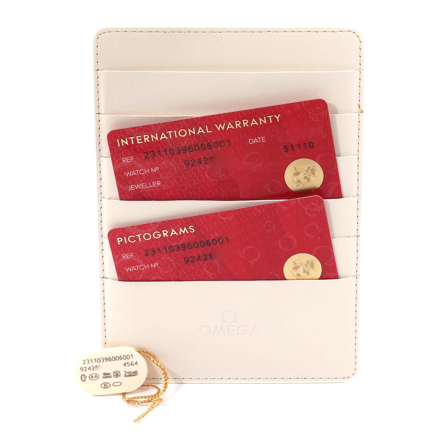 The image shows the international warranty card, pictograms card, and a tag for the Omega Aqua Terra 231.10.39.60.06.001 Men
s Stainless Steel Grey Dial 231.10.39.60.06.001 Men
s Stainless Steel Grey Dial model.