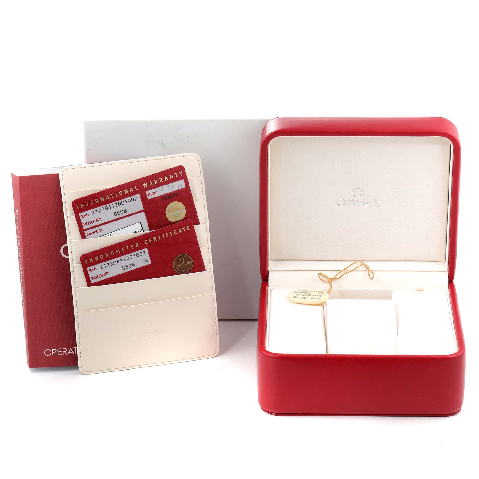 The image shows an open red Omega Seamaster 212.30.41.20.01.002 Men's Stainless Steel Black Dial 212.30.41.20.01.002 Men's Stainless Steel Black Dial watch box, warranty cards in a holder, and an outer box, viewed from the front.