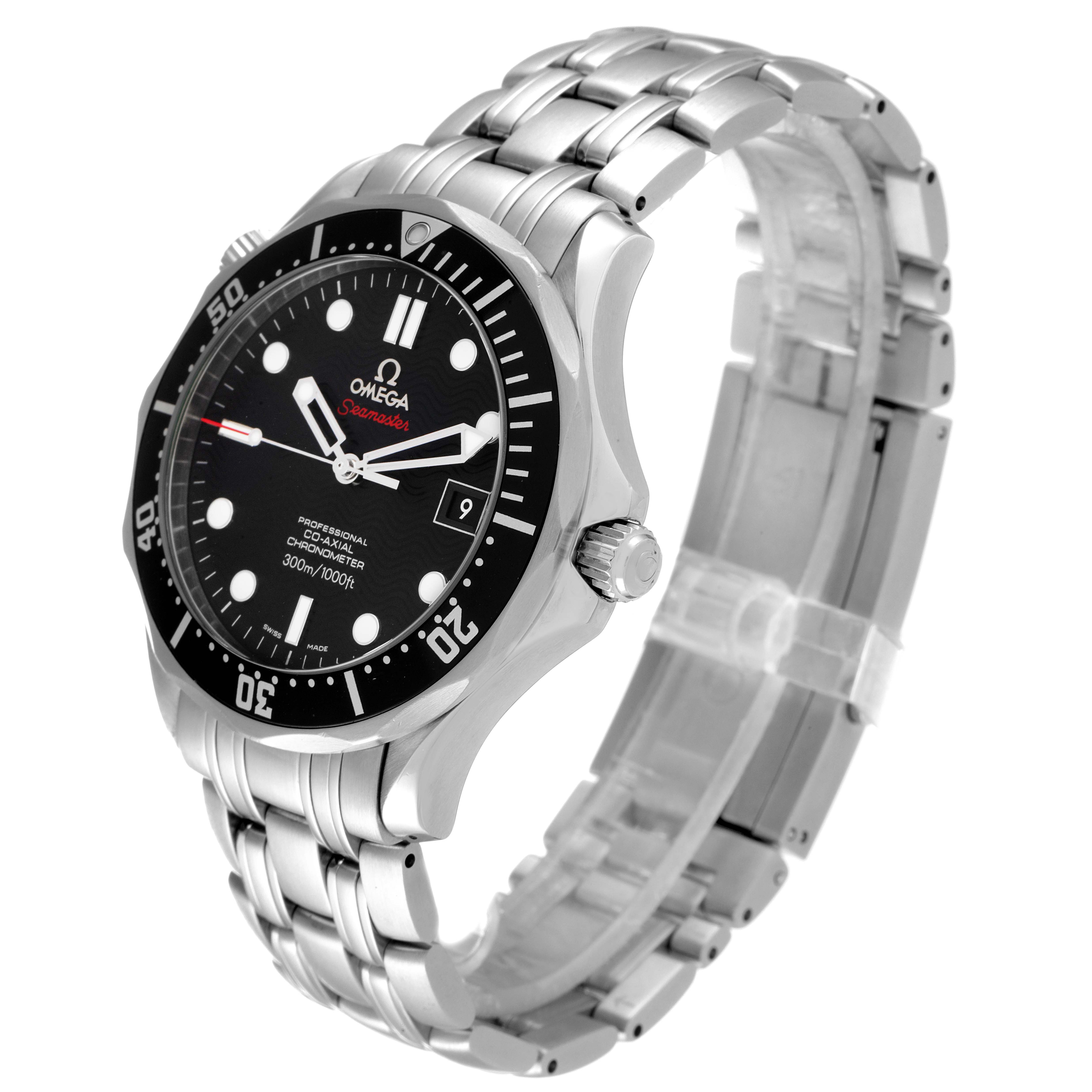 The image shows an angled side view of the Omega Seamaster 212.30.41.20.01.002 Men's Stainless Steel Black Dial 212.30.41.20.01.002 Men's Stainless Steel Black Dial watch, highlighting the face and stainless steel bracelet.