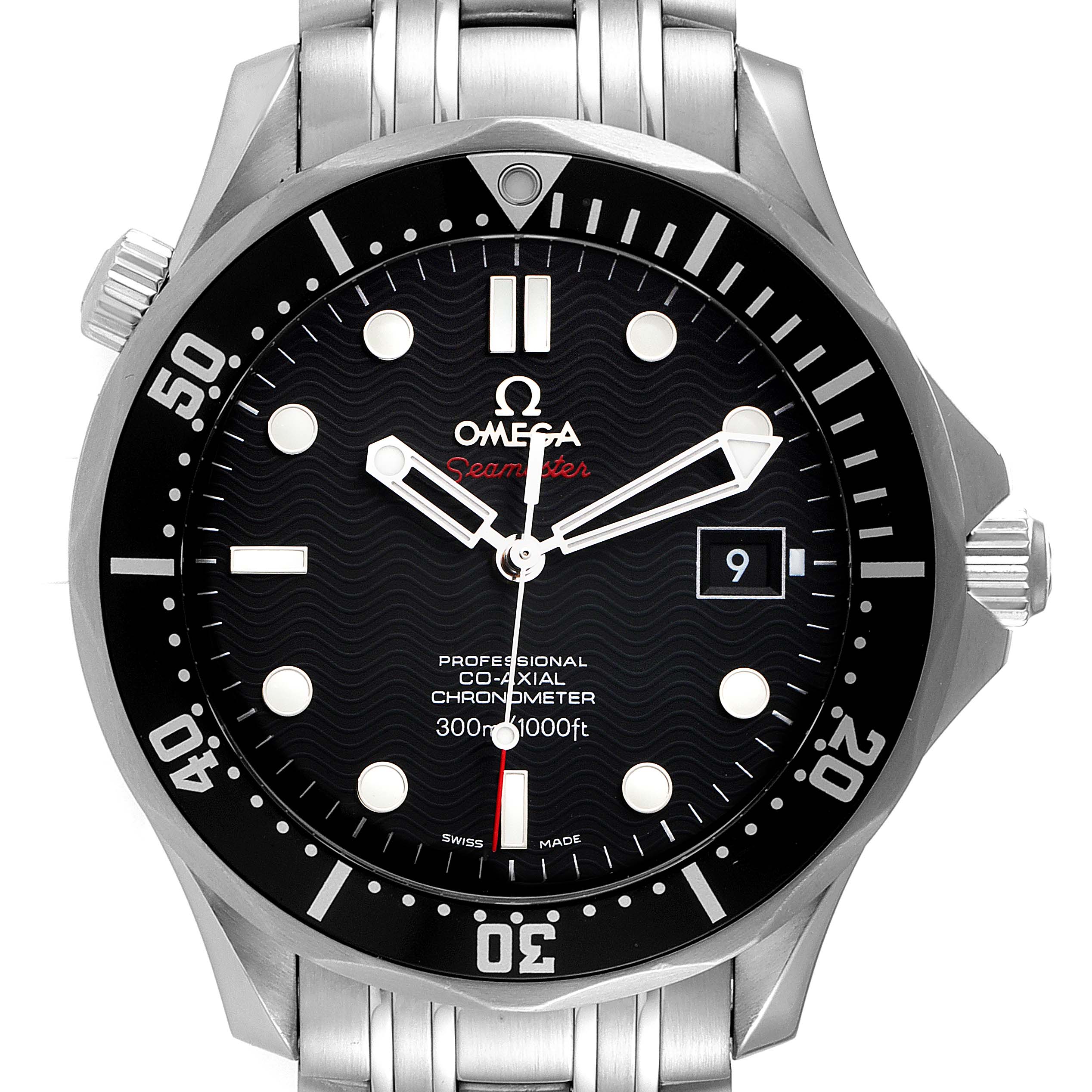 The image shows a frontal view of the Omega Seamaster 212.30.41.20.01.002 Men's Stainless Steel Black Dial 212.30.41.20.01.002 Men's Stainless Steel Black Dial watch, highlighting its dial, bezel, crown, and bracelet links.