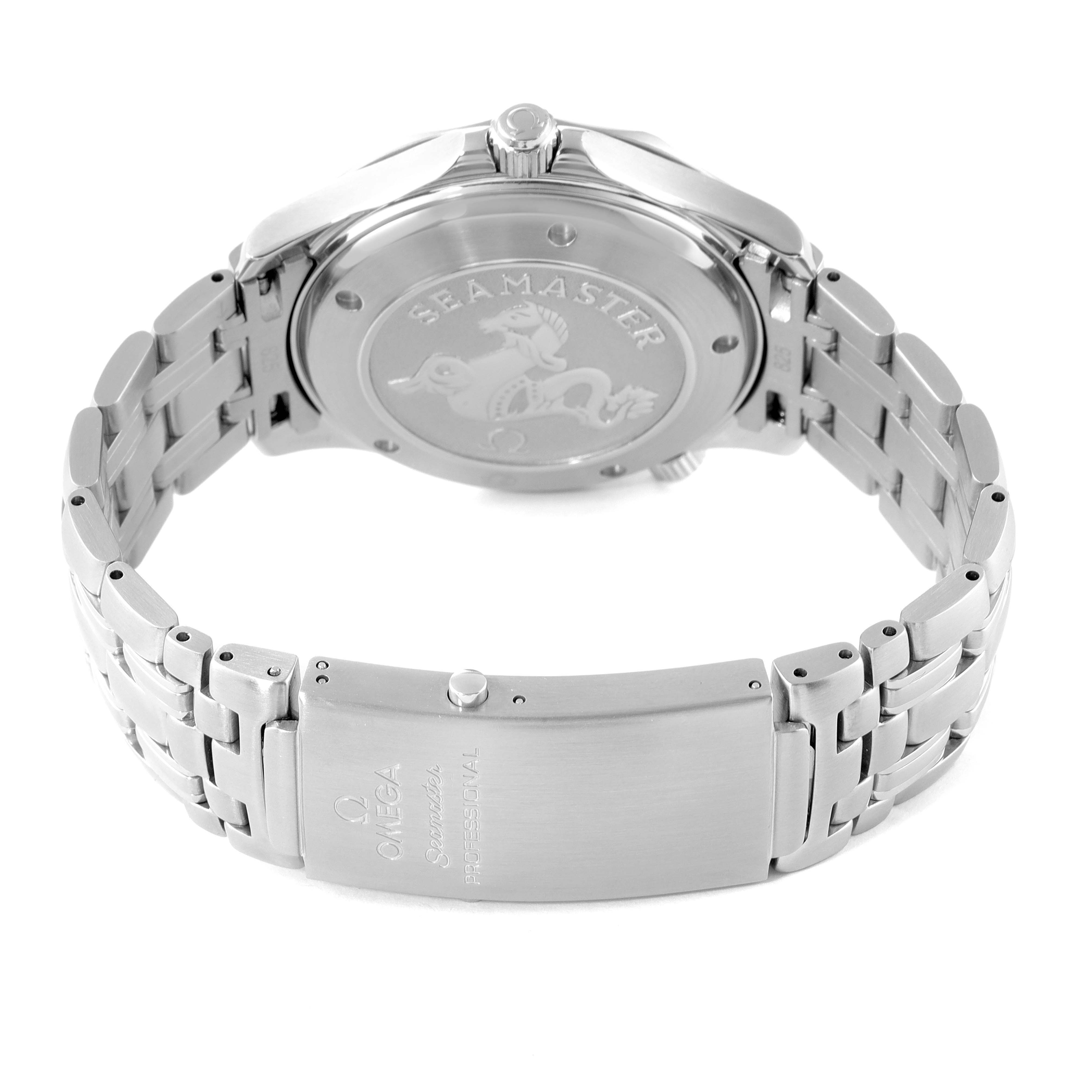 This image shows the back of an Omega Seamaster 212.30.41.20.01.002 Men's Stainless Steel Black Dial 212.30.41.20.01.002 Men's Stainless Steel Black Dial watch, focusing on the case back, clasp, and bracelet.