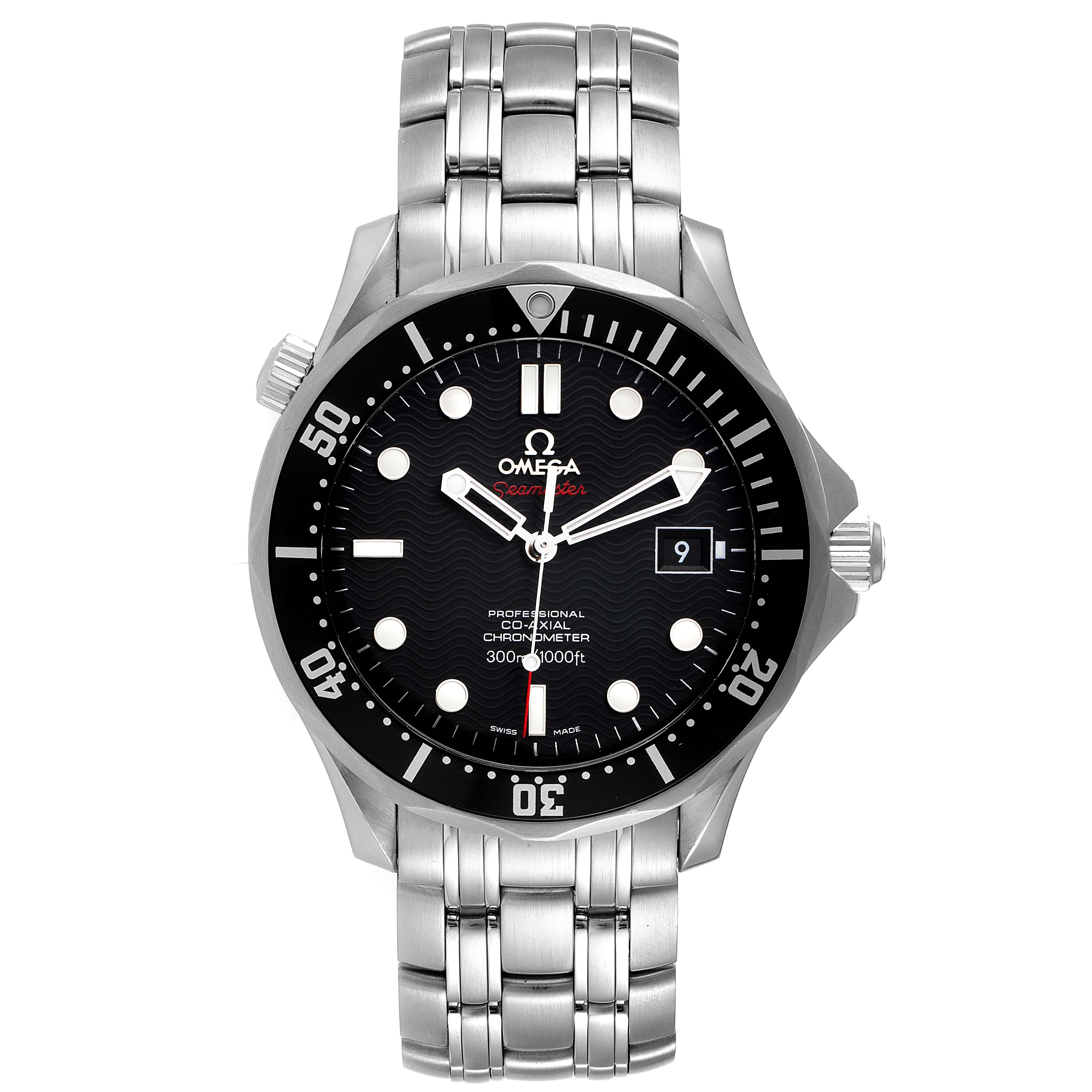 The image shows a frontal view of the Omega Seamaster 212.30.41.20.01.002 Men's Stainless Steel Black Dial 212.30.41.20.01.002 Men's Stainless Steel Black Dial watch, highlighting the dial, bezel, hands, and stainless steel bracelet.