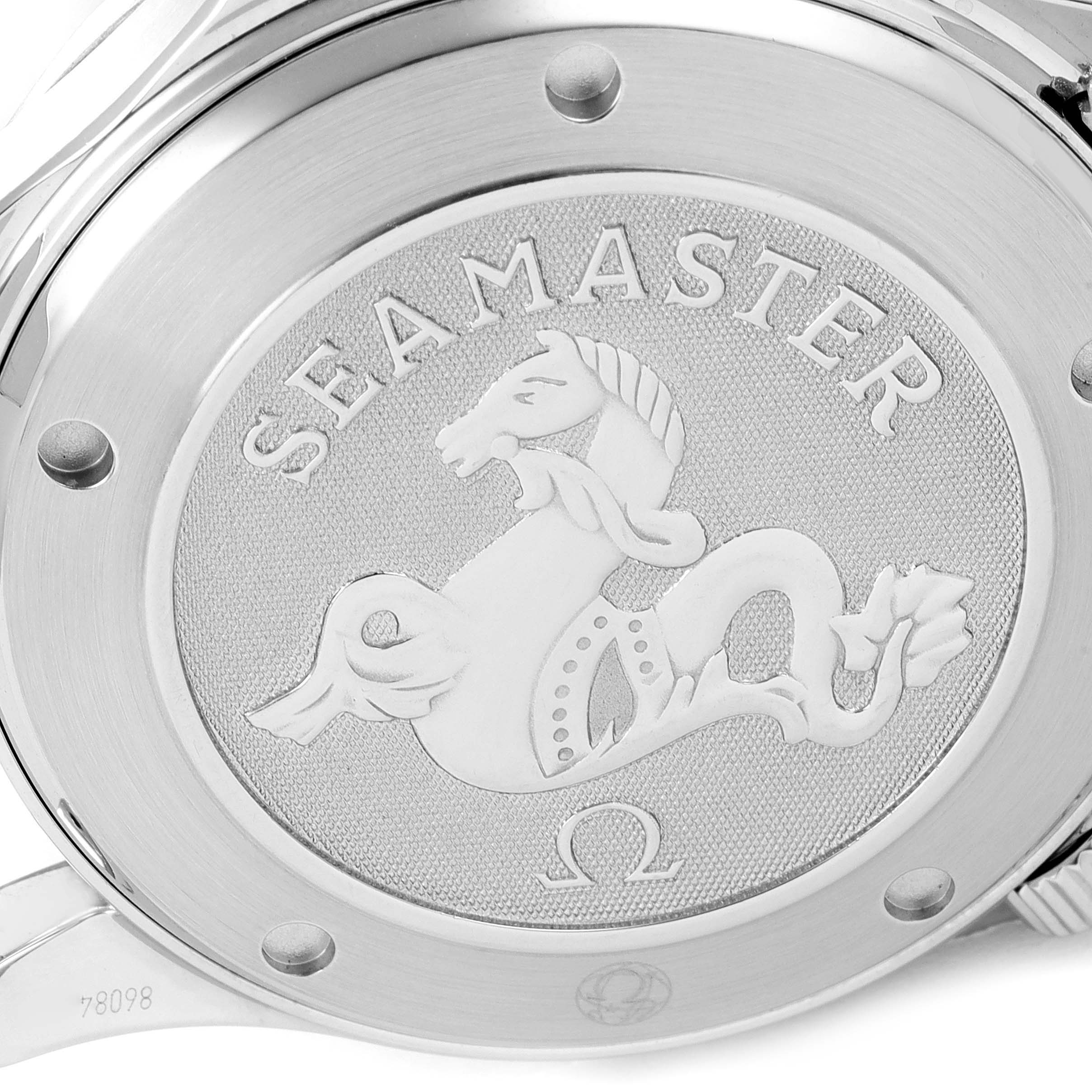 The image shows the back case of an Omega Seamaster 212.30.41.20.01.002 Men's Stainless Steel Black Dial 212.30.41.20.01.002 Men's Stainless Steel Black Dial watch, featuring the Seamaster logo engraving.