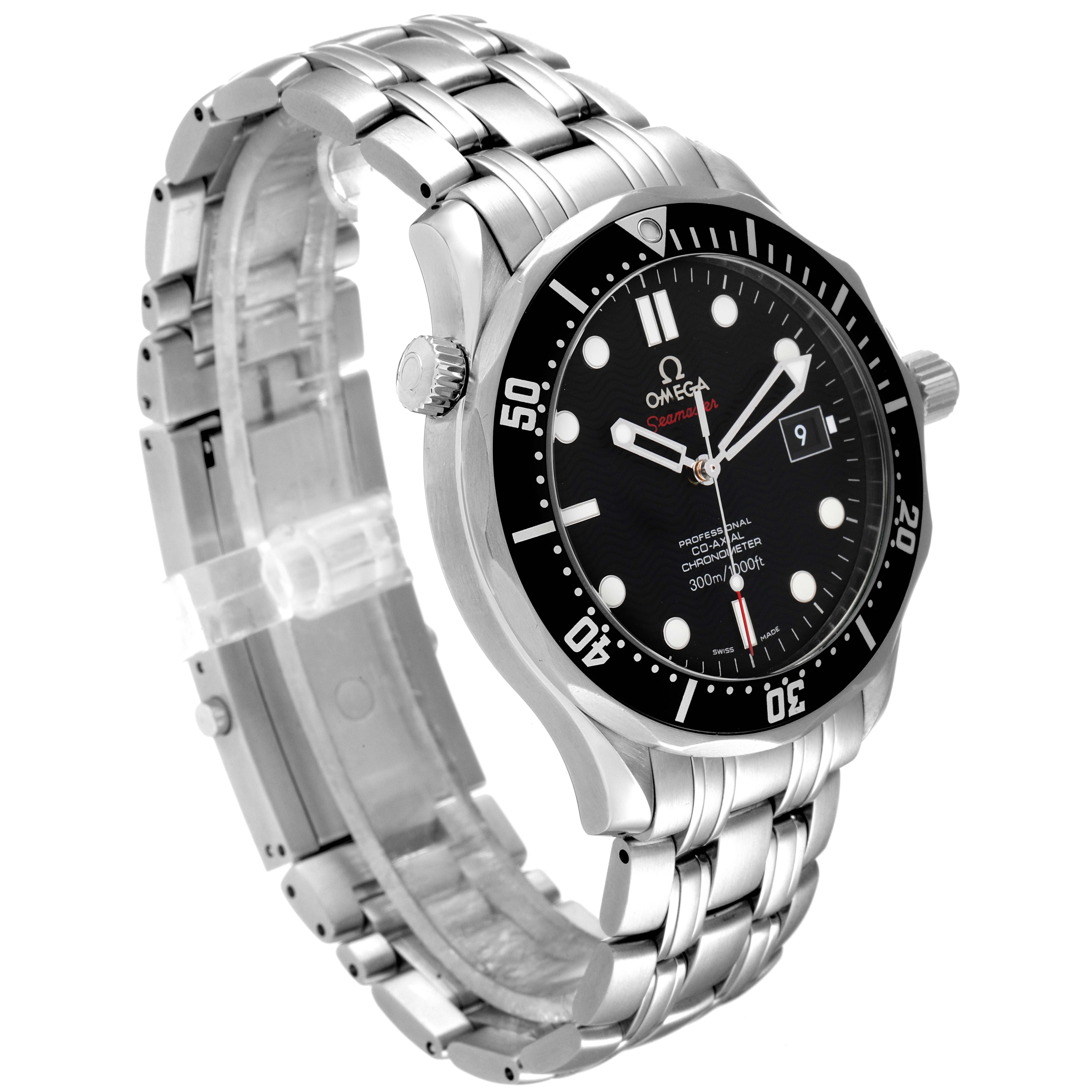 This Omega Seamaster 212.30.41.20.01.002 Men's Stainless Steel Black Dial 212.30.41.20.01.002 Men's Stainless Steel Black Dial watch is shown at a left-facing angle, displaying its dial, bezel, crown, and metal bracelet.