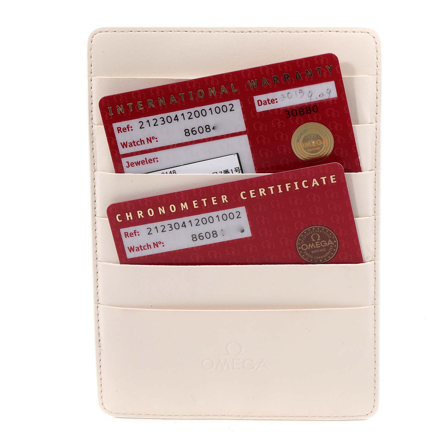 The image shows an International Warranty card and a Chronometer Certificate for an Omega Seamaster 212.30.41.20.01.002 Men's Stainless Steel Black Dial 212.30.41.20.01.002 Men's Stainless Steel Black Dial, placed in a white cardholder.