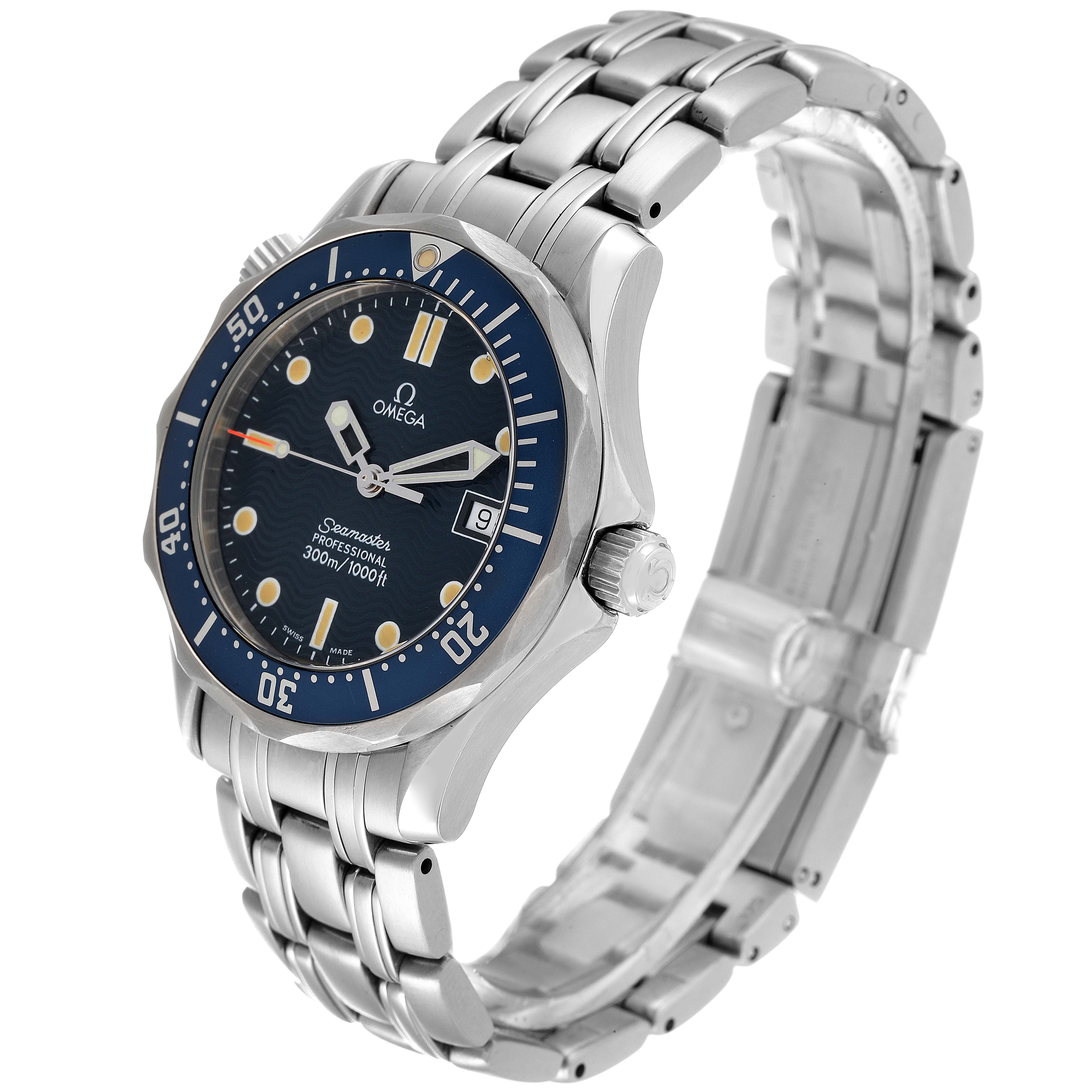 The Omega Seamaster 2561.80.00 Men's Stainless Steel Blue Dial 2561.80.00 Men's Stainless Steel Blue Dial watch is shown at a slight angle, highlighting the face, bezel, crown, and stainless steel bracelet.