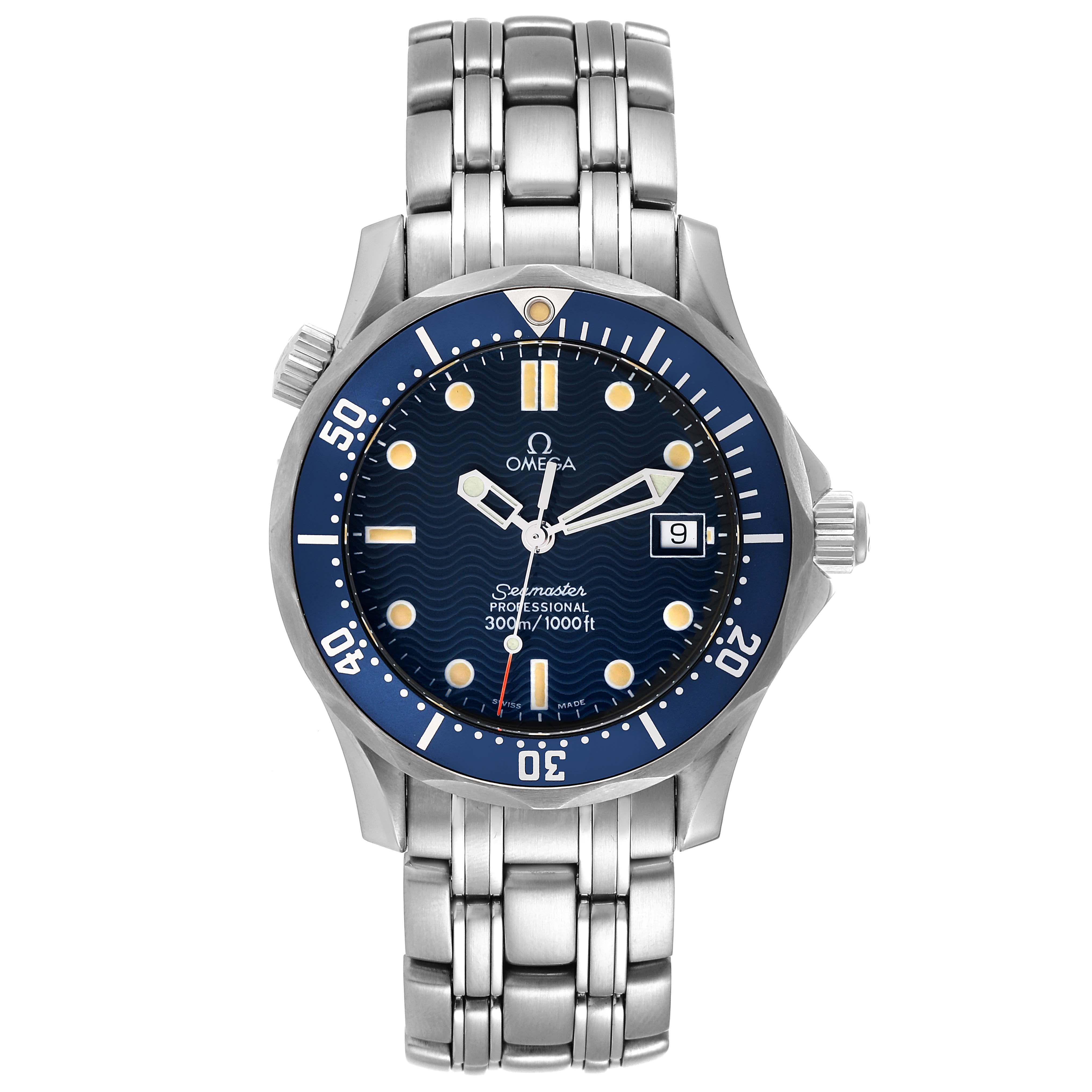 The Omega Seamaster 2561.80.00 Men's Stainless Steel Blue Dial 2561.80.00 Men's Stainless Steel Blue Dial watch is shown from the front, displaying its blue dial, bezel, date window, and stainless steel bracelet.