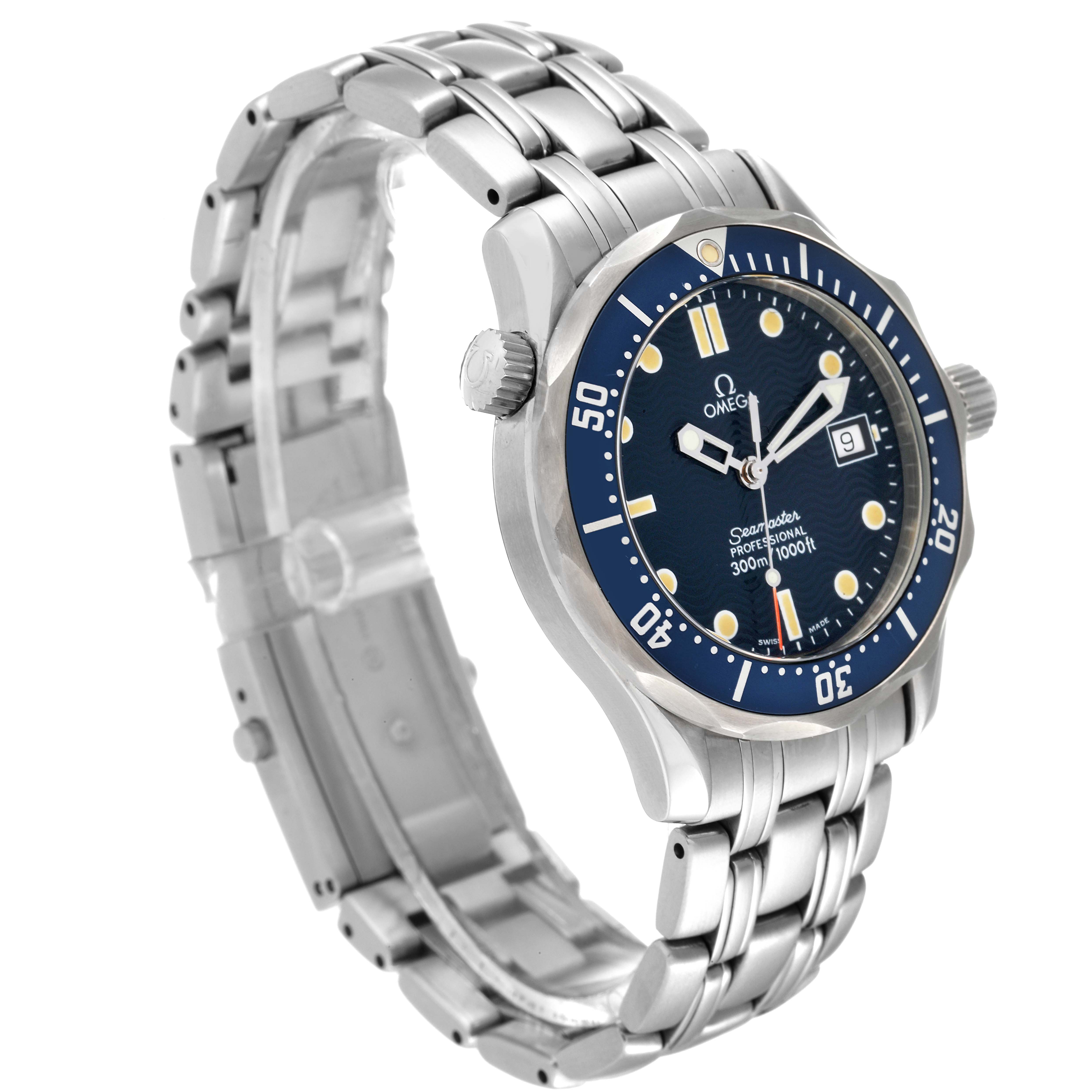 The Omega Seamaster 2561.80.00 Men's Stainless Steel Blue Dial 2561.80.00 Men's Stainless Steel Blue Dial watch is shown at an angle displaying the face, case, crown, and part of the bracelet.