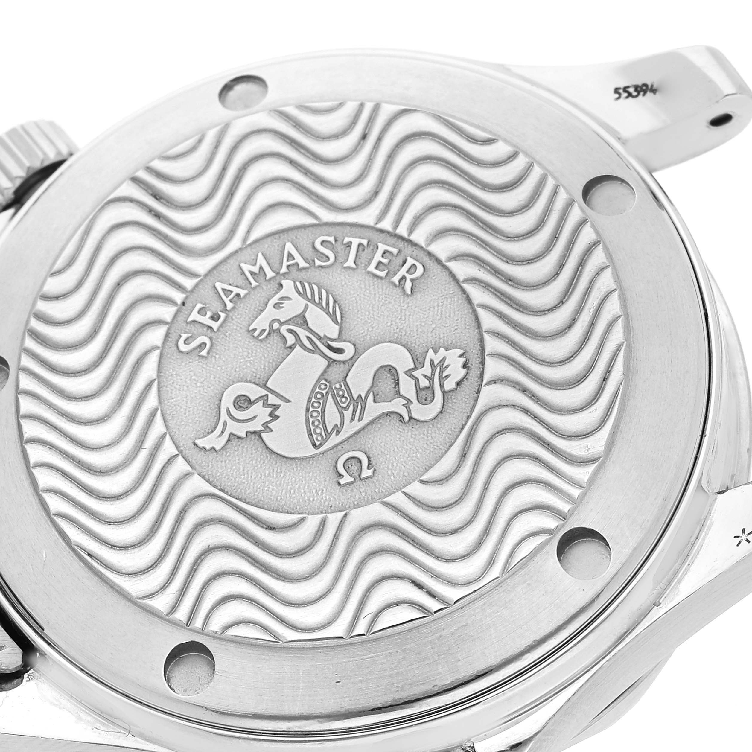 This is a close-up image of the case back of an Omega Seamaster 2561.80.00 Men's Stainless Steel Blue Dial 2561.80.00 Men's Stainless Steel Blue Dial watch, displaying the Seamaster logo and engravings.