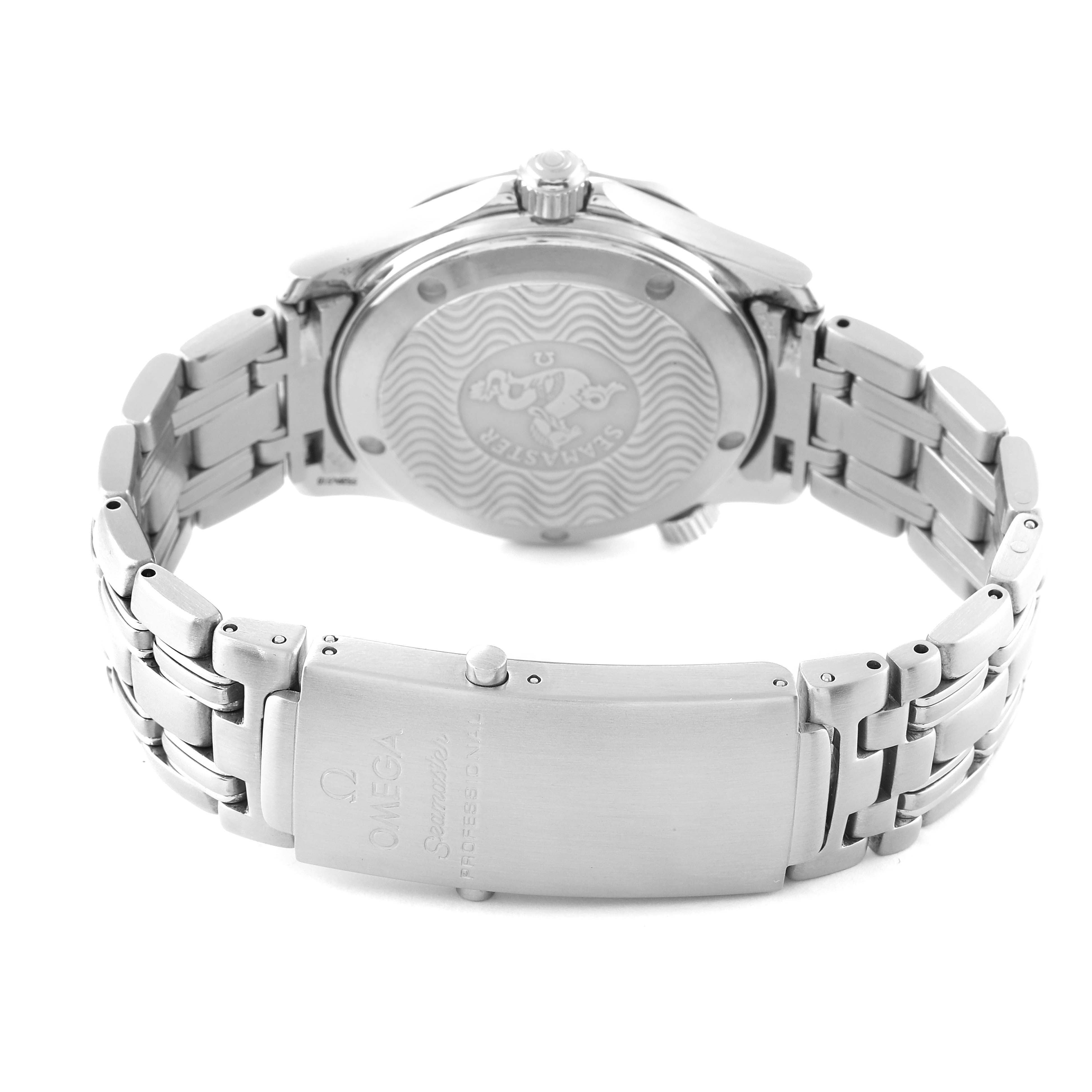 The image shows the back and clasp of the Omega Seamaster 2561.80.00 Men's Stainless Steel Blue Dial 2561.80.00 Men's Stainless Steel Blue Dial watch, highlighting the case back and bracelet.