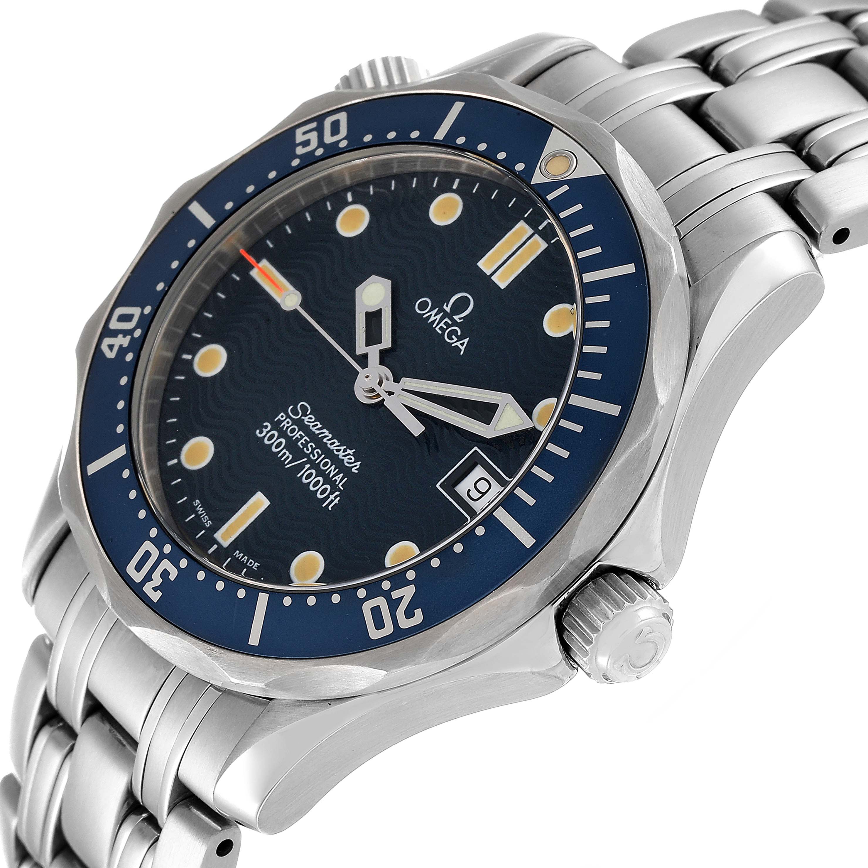 The Omega Seamaster 2561.80.00 Men's Stainless Steel Blue Dial 2561.80.00 Men's Stainless Steel Blue Dial watch is shown at an angle highlighting the dial, bezel, crown, and stainless steel bracelet.