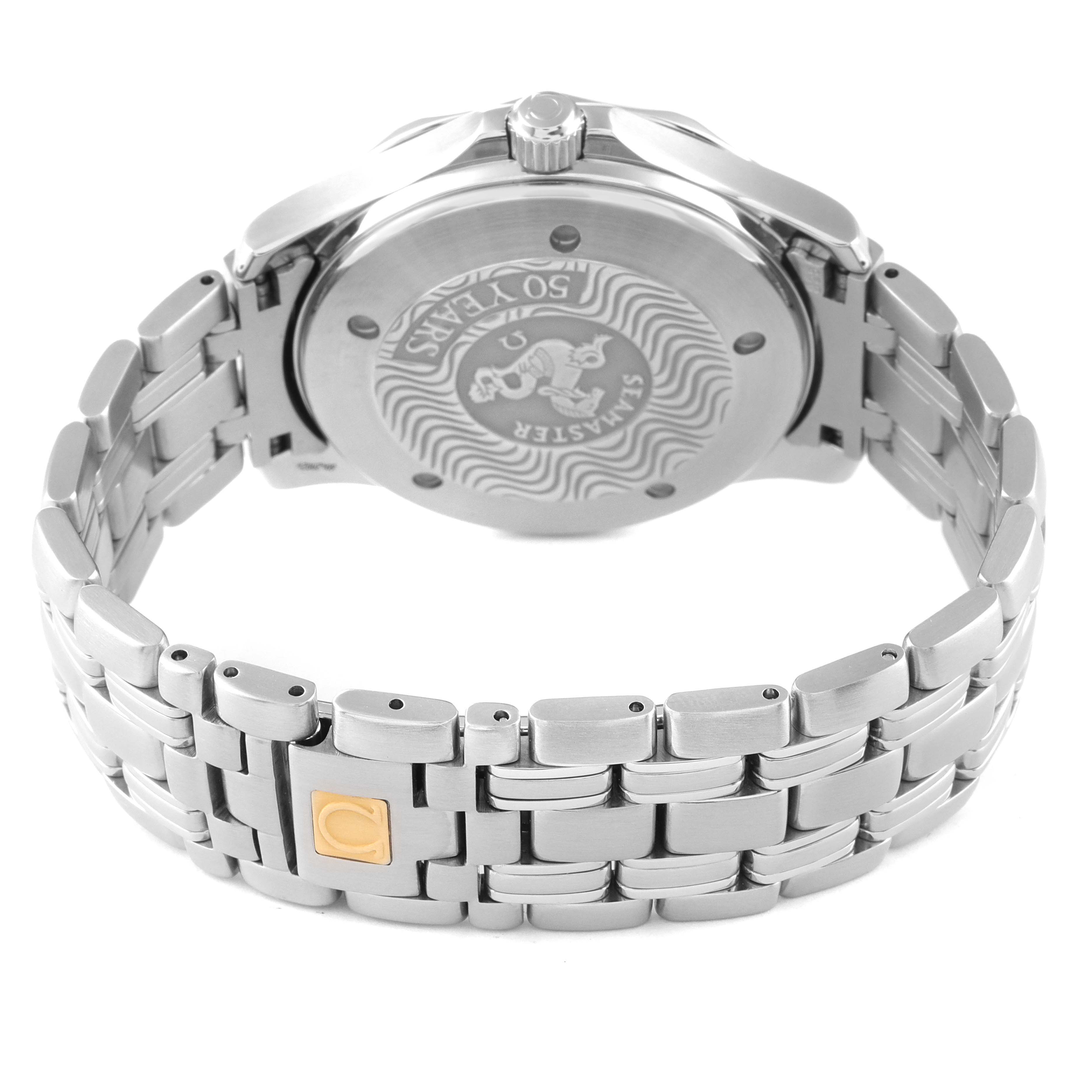 The image shows the back view of an Omega Seamaster 2534.50.00 Men's Stainless Steel Black Dial 2534.50.00 Men's Stainless Steel Black Dial watch, focusing on the case back and metal bracelet.