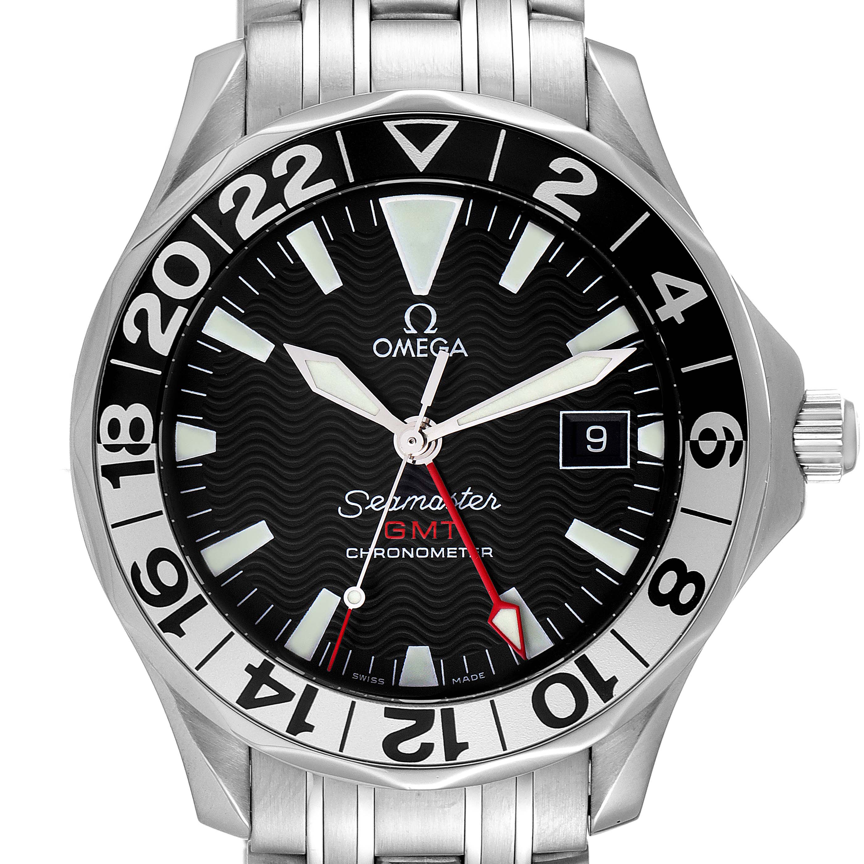 The image shows a frontal view of an Omega Seamaster 2534.50.00 Men's Stainless Steel Black Dial 2534.50.00 Men's Stainless Steel Black Dial GMT Chronometer watch, highlighting the dial, bezel, and bracelet.