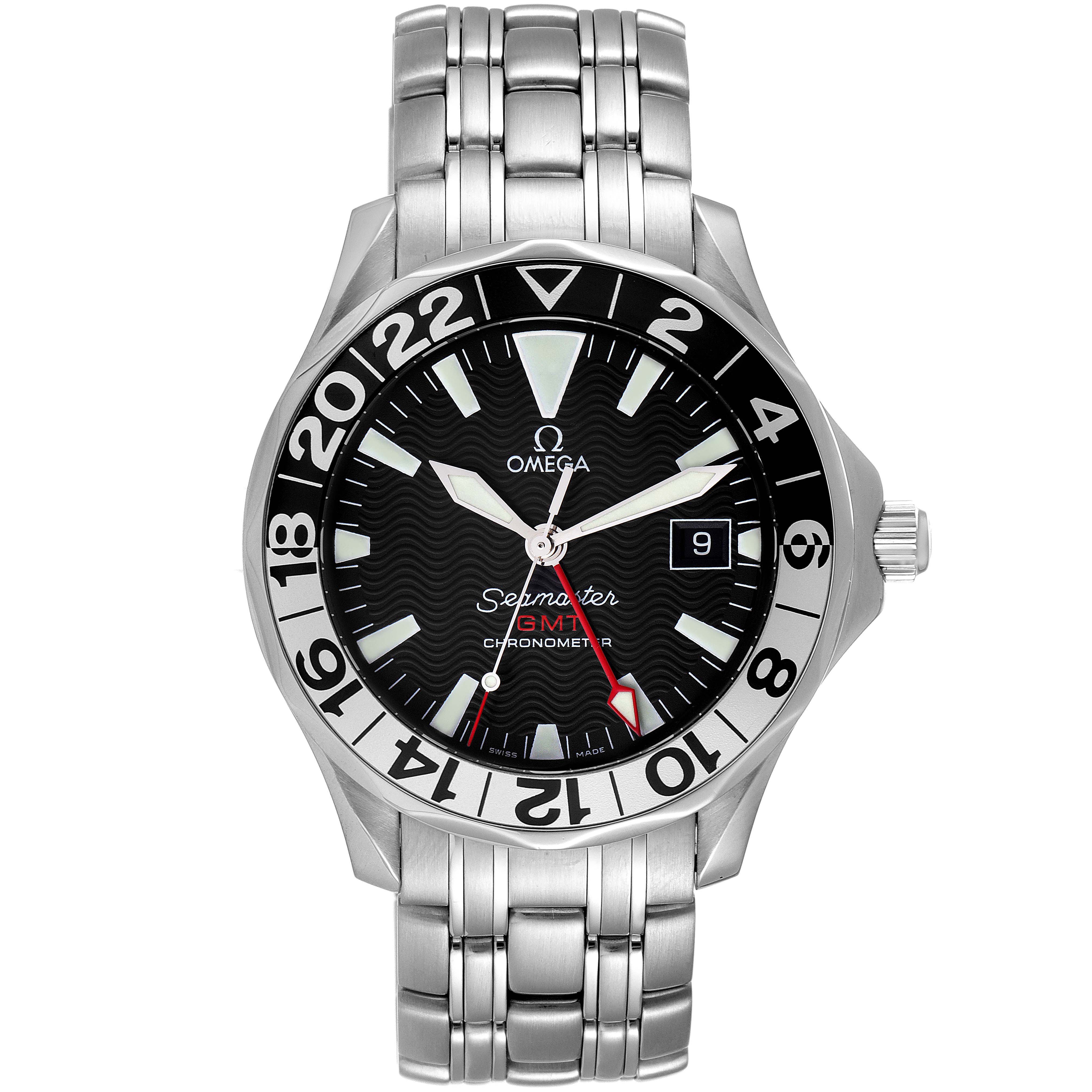 The image shows a front view of the Omega Seamaster 2534.50.00 Men's Stainless Steel Black Dial 2534.50.00 Men's Stainless Steel Black Dial GMT Chronometer watch, featuring its face and stainless steel bracelet.