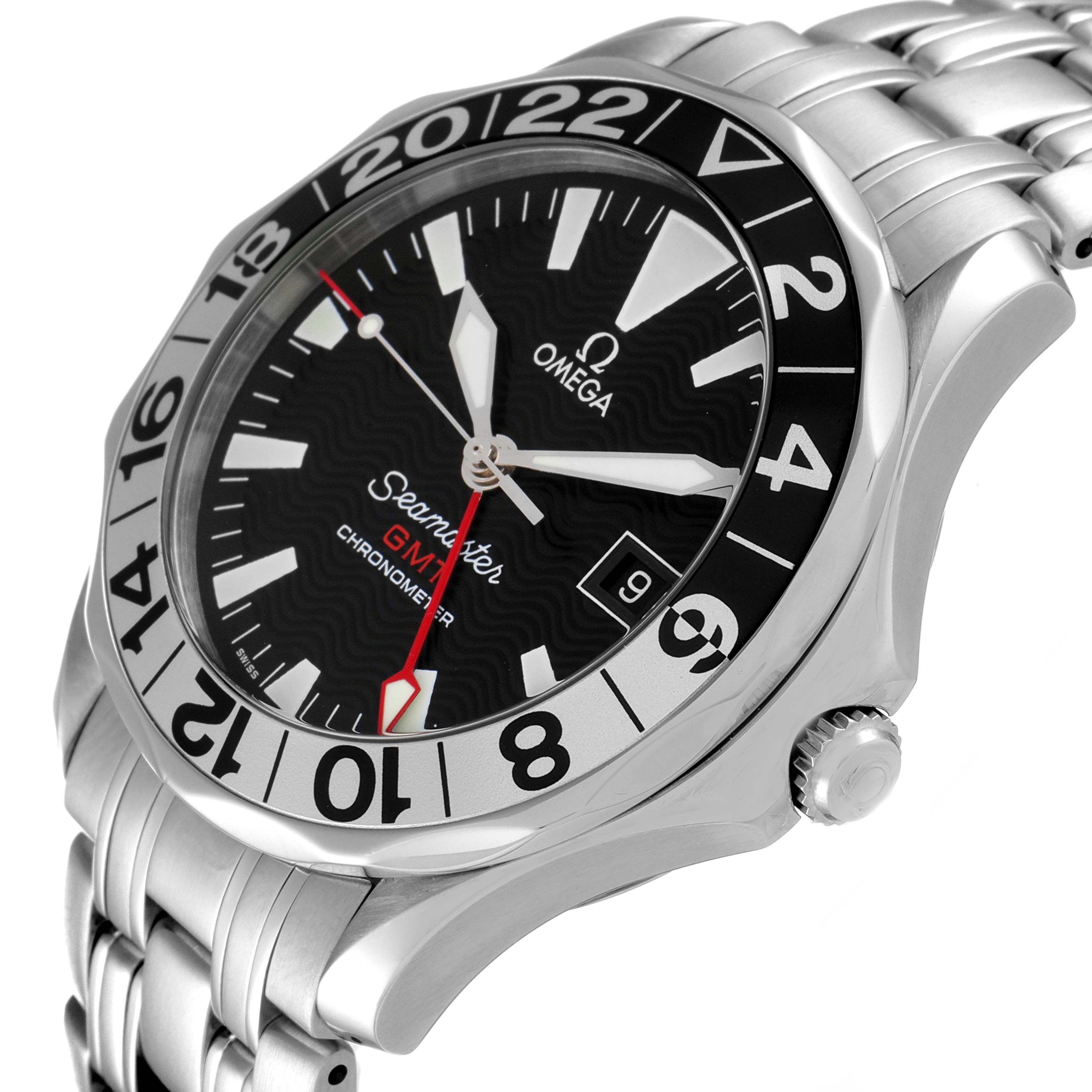 The image shows a side-angle view of an Omega Seamaster 2534.50.00 Men's Stainless Steel Black Dial 2534.50.00 Men's Stainless Steel Black Dial watch, highlighting its bezel, face, crown, and part of the bracelet.
