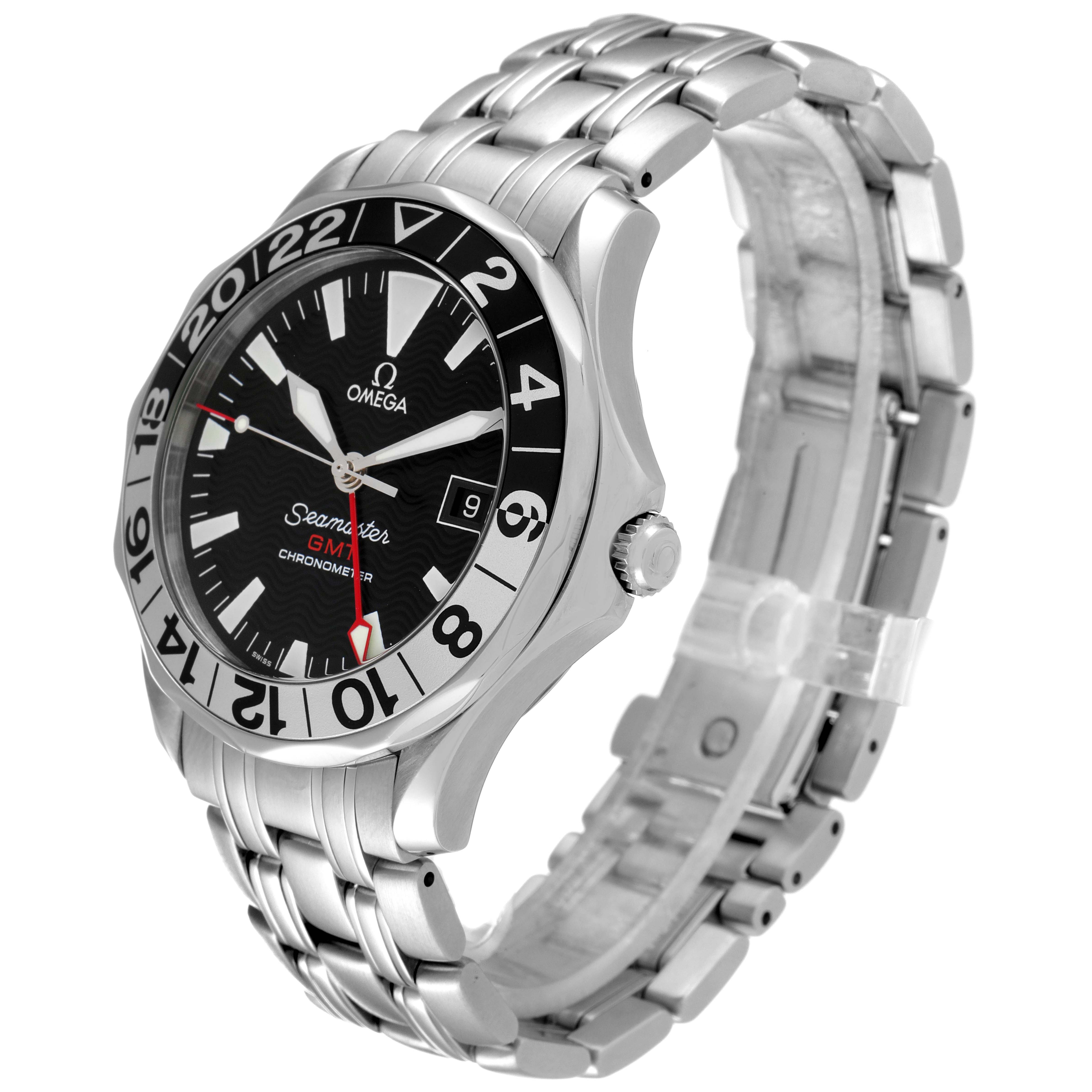 The Omega Seamaster 2534.50.00 Men's Stainless Steel Black Dial 2534.50.00 Men's Stainless Steel Black Dial watch is shown at an angle highlighting its face, bezel, and stainless steel bracelet.