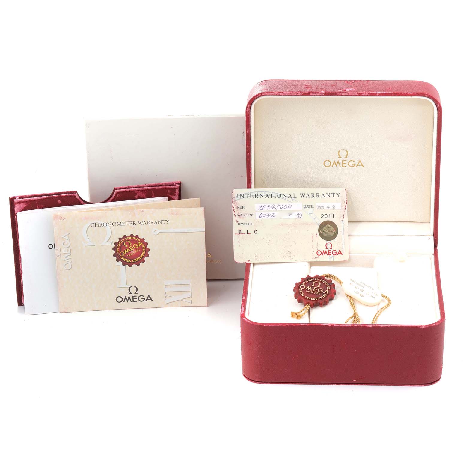 The image shows the Omega Seamaster 2534.50.00 Men's Stainless Steel Black Dial 2534.50.00 Men's Stainless Steel Black Dial accessories, including the warranty card, tags, and box, all viewed from a front angle.