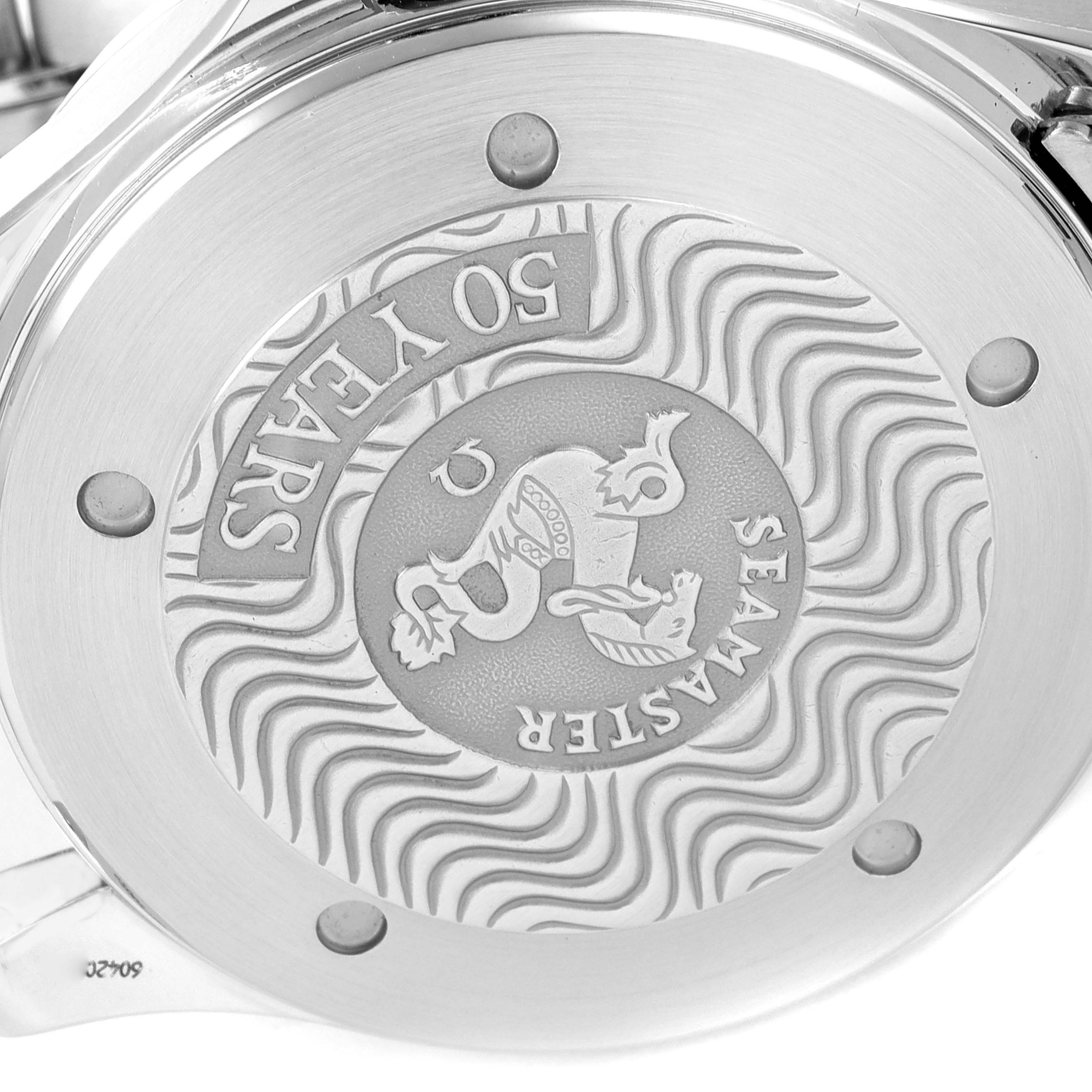 The image shows the case back of the Omega Seamaster 2534.50.00 Men's Stainless Steel Black Dial 2534.50.00 Men's Stainless Steel Black Dial watch, highlighting the embossed design commemorating "50 Years".