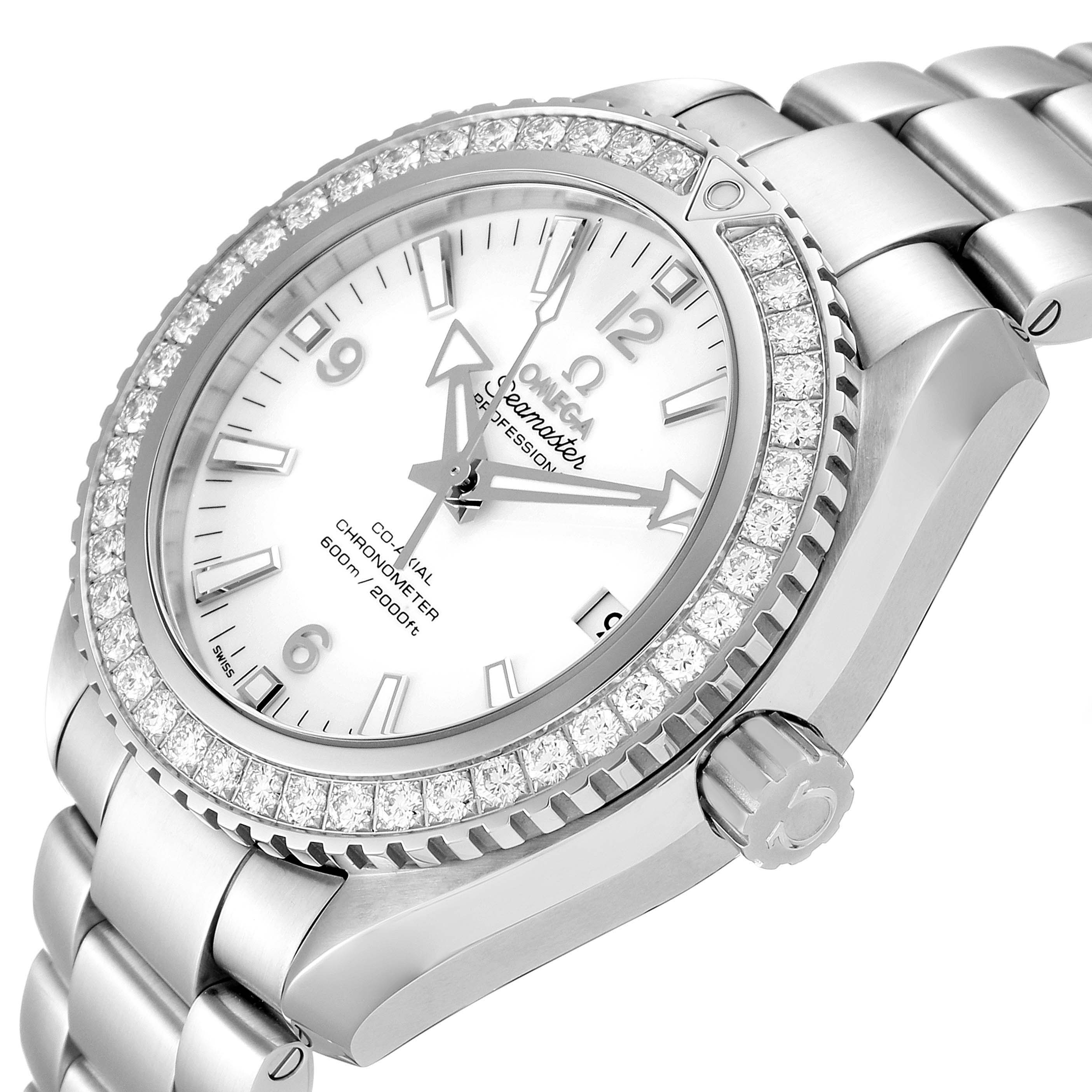 The image shows the Omega Planet Ocean 232.15.42.21.04.001 Men
s Stainless Steel White Dial 232.15.42.21.04.001 Men
s Stainless Steel White Dial watch at an oblique angle, highlighting its bezel, crown, bracelet, and part of the dial.