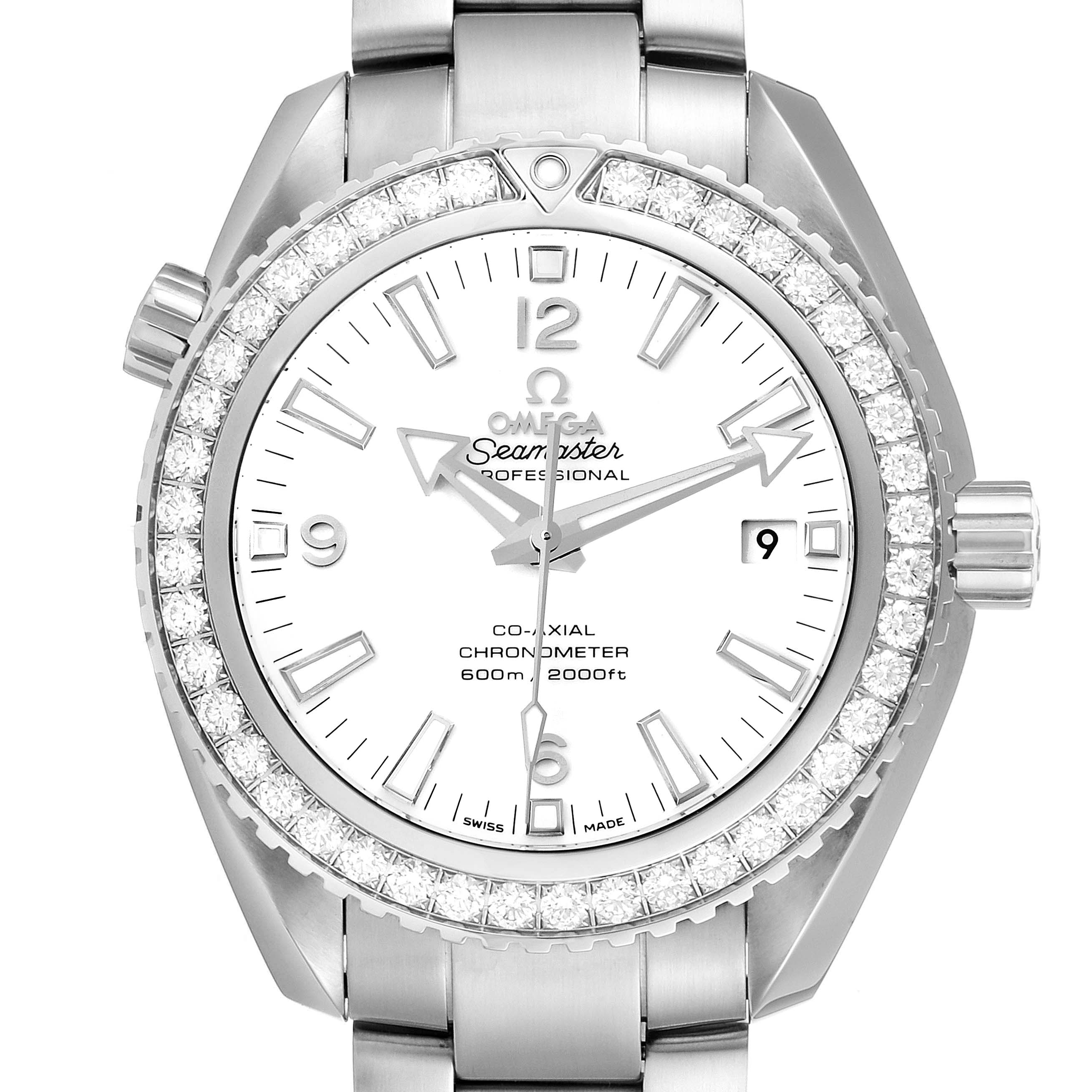 The image shows a front view of the Omega Planet Ocean 232.15.42.21.04.001 Men
s Stainless Steel White Dial 232.15.42.21.04.001 Men
s Stainless Steel White Dial Seamaster watch, detailing its dial, bezel, and part of the bracelet.