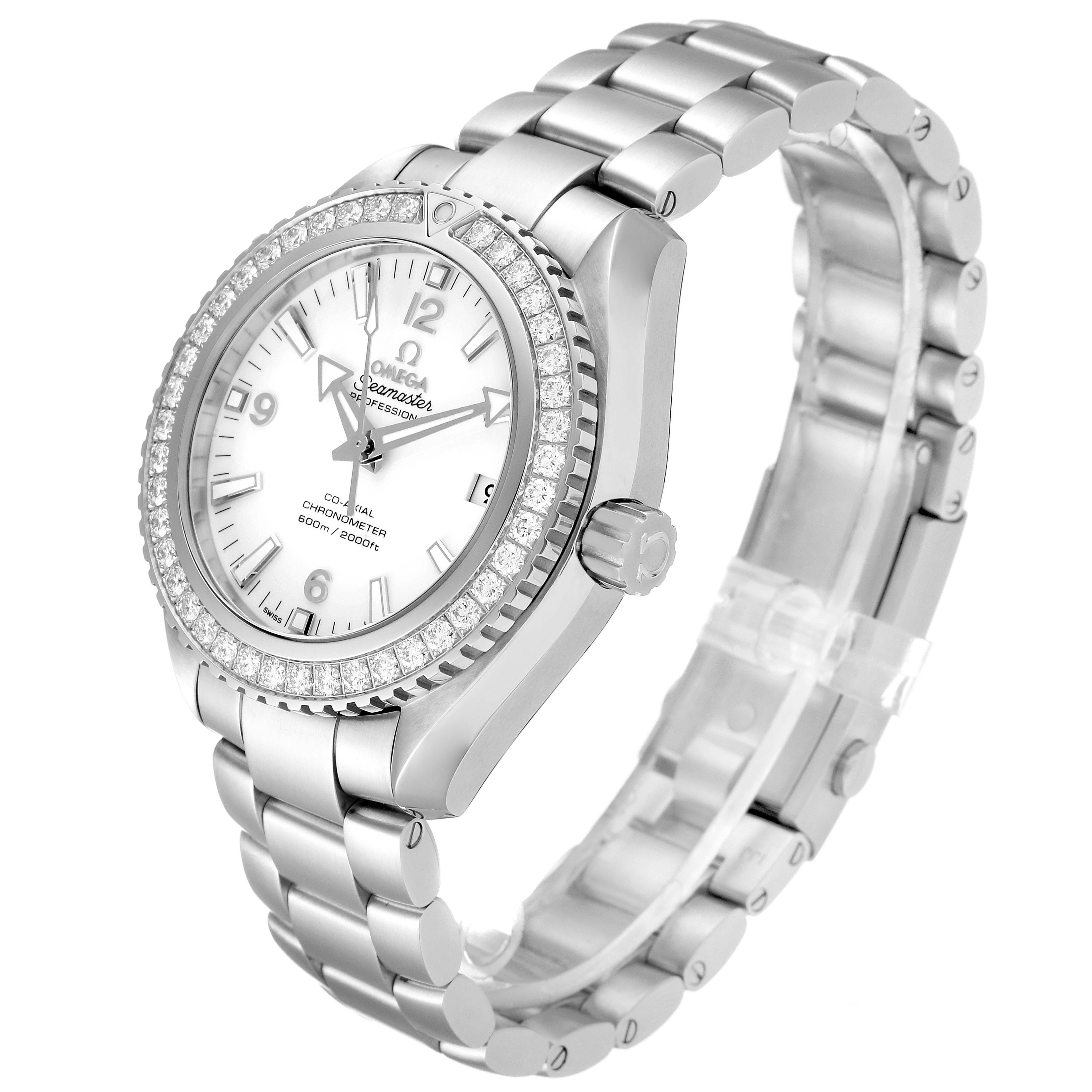 The Omega Planet Ocean 232.15.42.21.04.001 Men
s Stainless Steel White Dial 232.15.42.21.04.001 Men
s Stainless Steel White Dial watch is shown at a three-quarter angle, displaying the dial, bezel, crown, and metal bracelet.