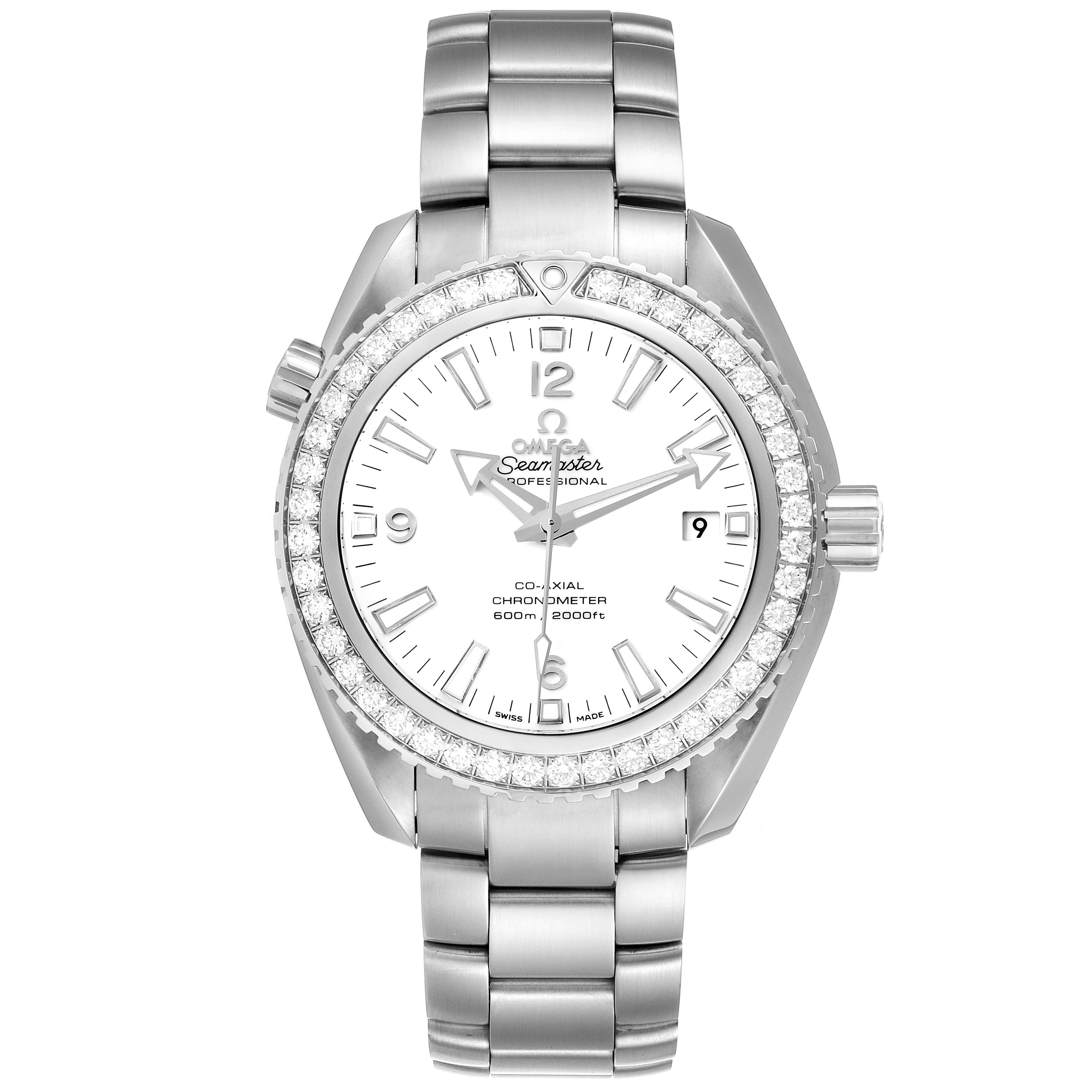 The image shows a front view of the Omega Planet Ocean 232.15.42.21.04.001 Men
s Stainless Steel White Dial 232.15.42.21.04.001 Men
s Stainless Steel White Dial model watch, highlighting its dial, bezel, band, and crown.