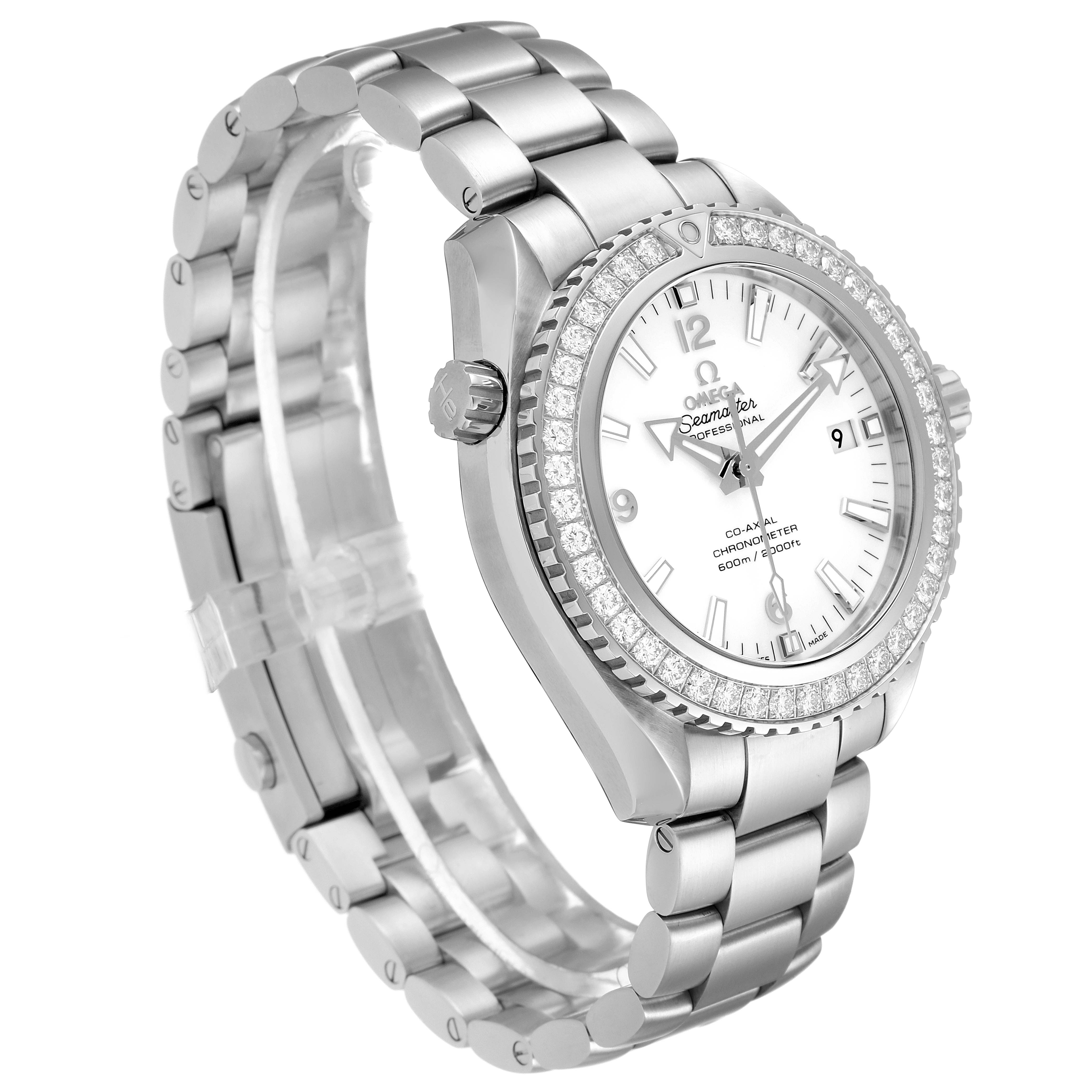 The Omega Planet Ocean 232.15.42.21.04.001 Men
s Stainless Steel White Dial 232.15.42.21.04.001 Men
s Stainless Steel White Dial watch is shown at an angled side view, displaying the face, bezel, crown, and bracelet.