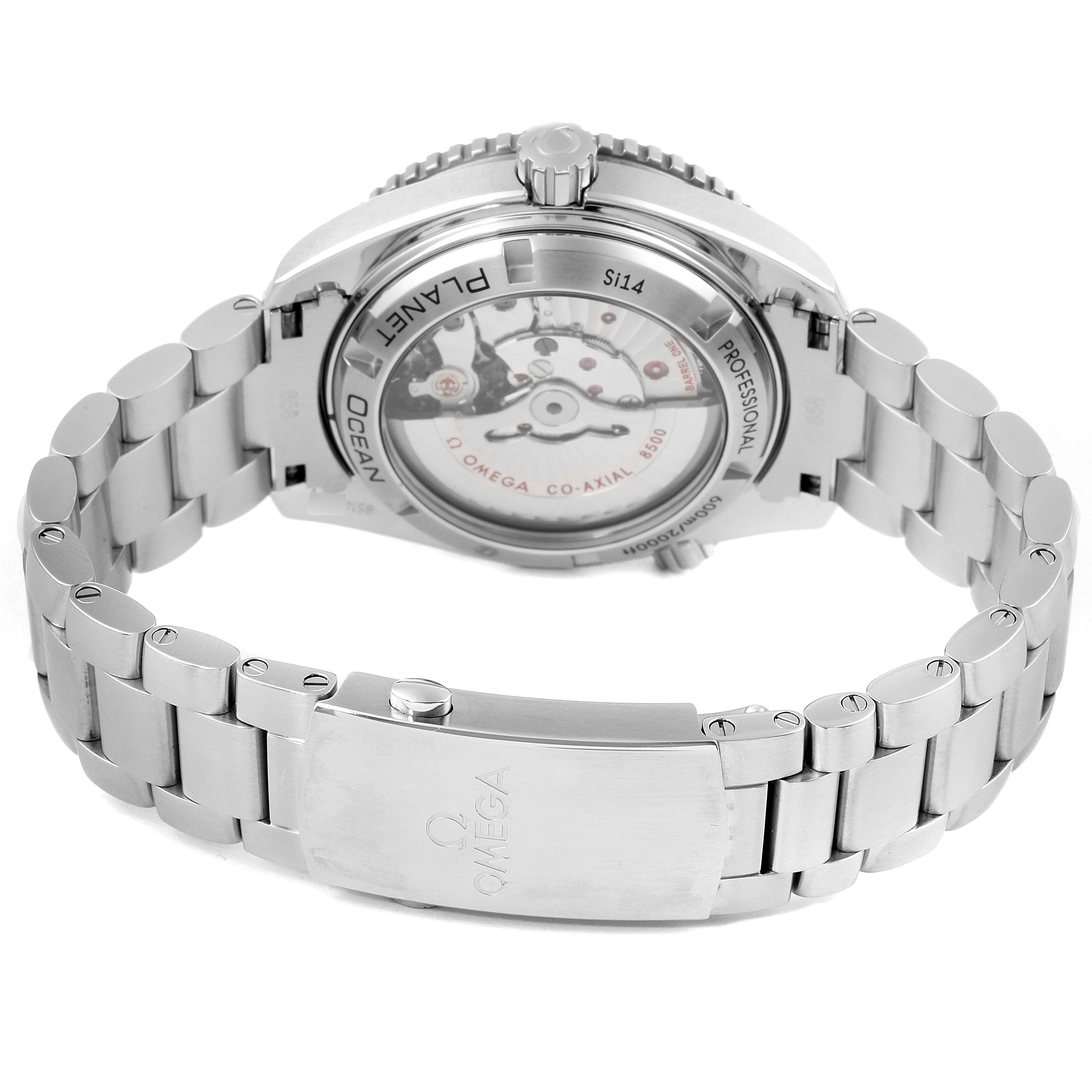 The image shows the back and bracelet of the Omega Planet Ocean 232.15.42.21.04.001 Men
s Stainless Steel White Dial 232.15.42.21.04.001 Men
s Stainless Steel White Dial watch, highlighting the see-through case back and stainless steel bracelet.