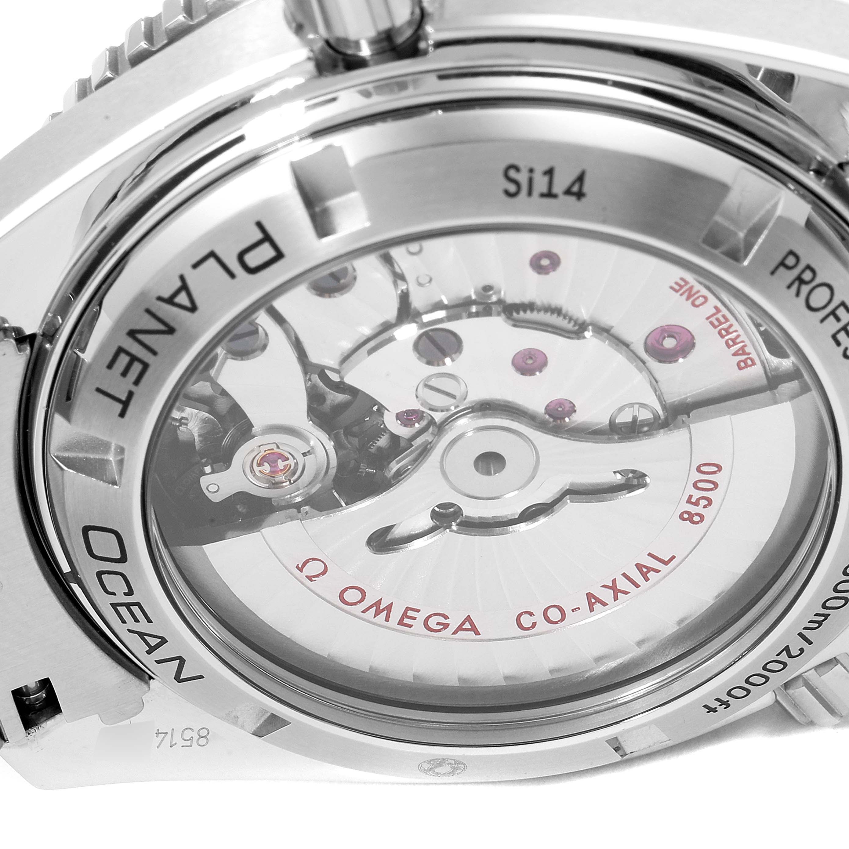 The image shows the back view of the Omega Planet Ocean 232.15.42.21.04.001 Men
s Stainless Steel White Dial 232.15.42.21.04.001 Men
s Stainless Steel White Dial watch, highlighting its Co-Axial 8500 movement.