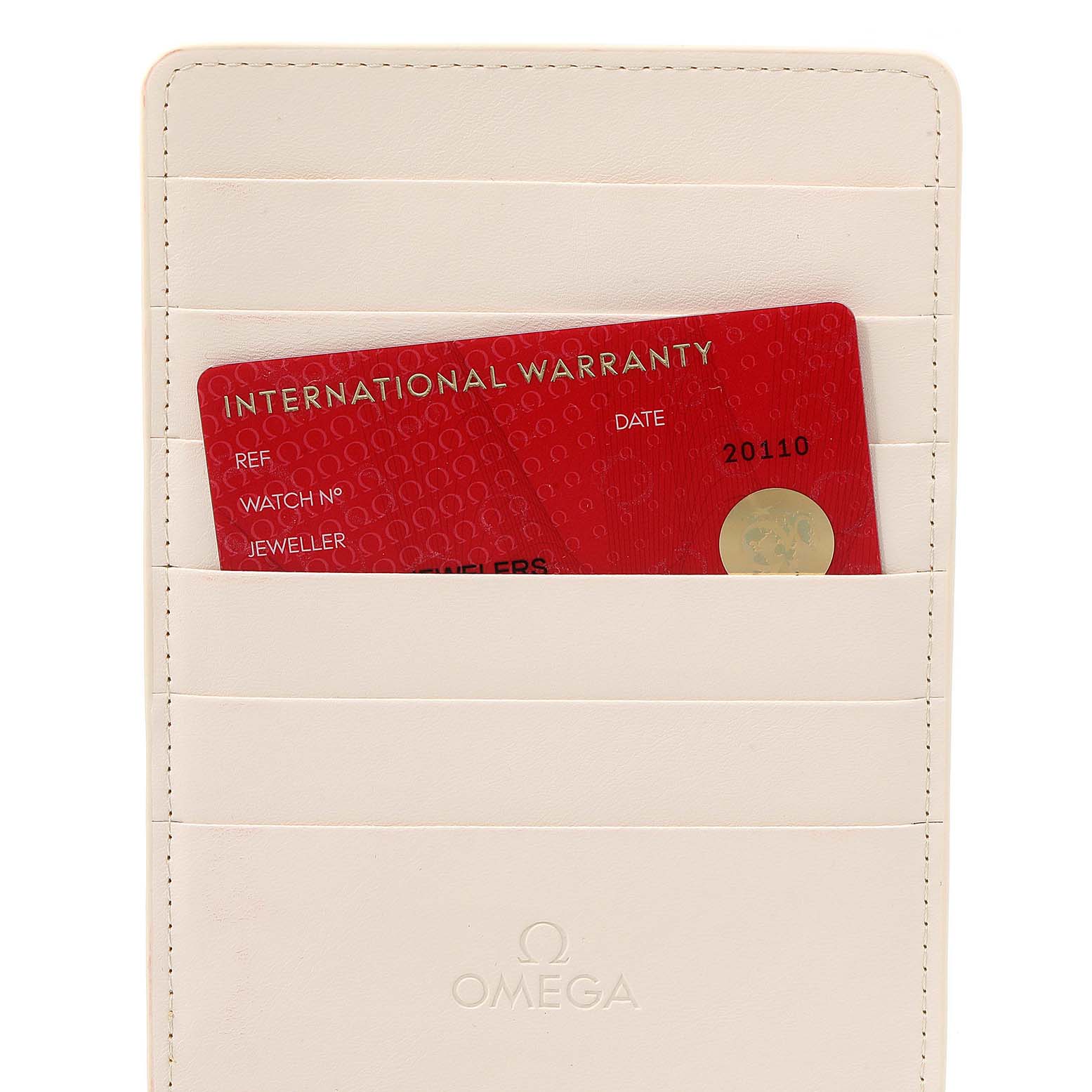 The image shows an Omega Planet Ocean 232.15.42.21.04.001 Men
s Stainless Steel White Dial 232.15.42.21.04.001 Men
s Stainless Steel White Dial International Warranty card in a white cardholder with the Omega logo.