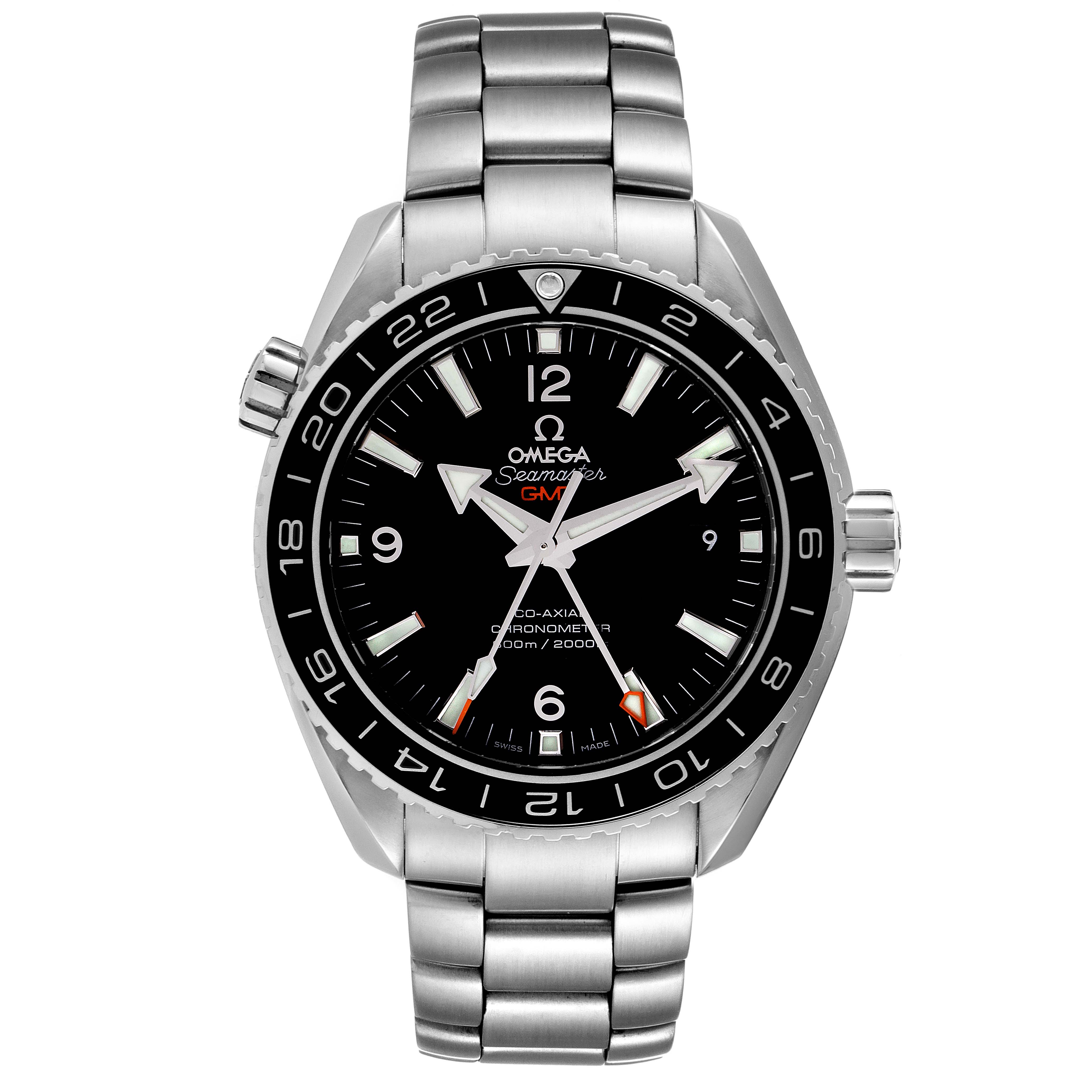 The image shows a frontal view of the Omega Planet Ocean 232.30.44.22.01.001 Men's Stainless Steel Black Dial 232.30.44.22.01.001 Men's Stainless Steel Black Dial watch, highlighting the dial, bezel, and stainless steel bracelet.
