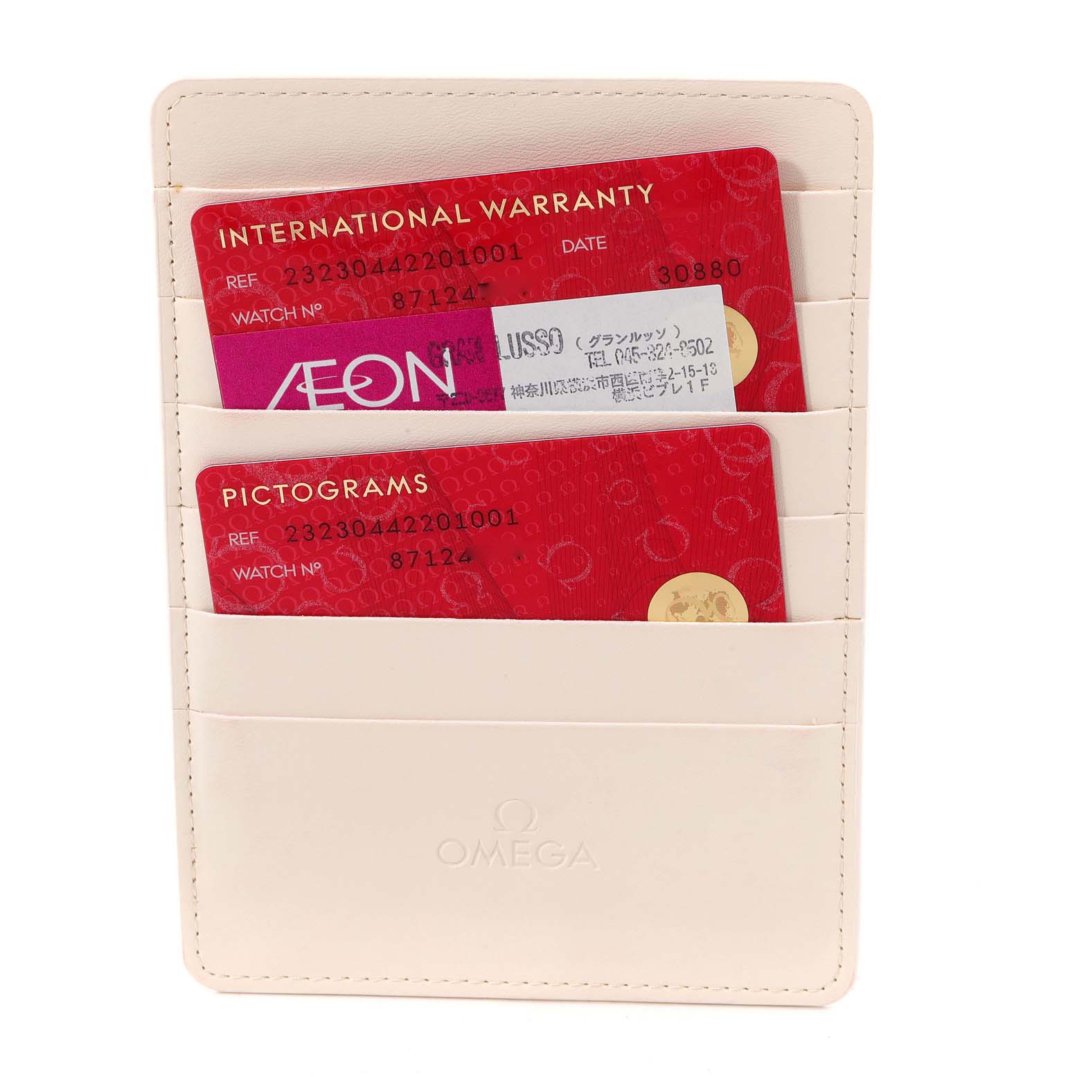 This image shows a warranty card holder for an Omega Planet Ocean 232.30.44.22.01.001 Men's Stainless Steel Black Dial 232.30.44.22.01.001 Men's Stainless Steel Black Dial with warranty and pictogram cards.