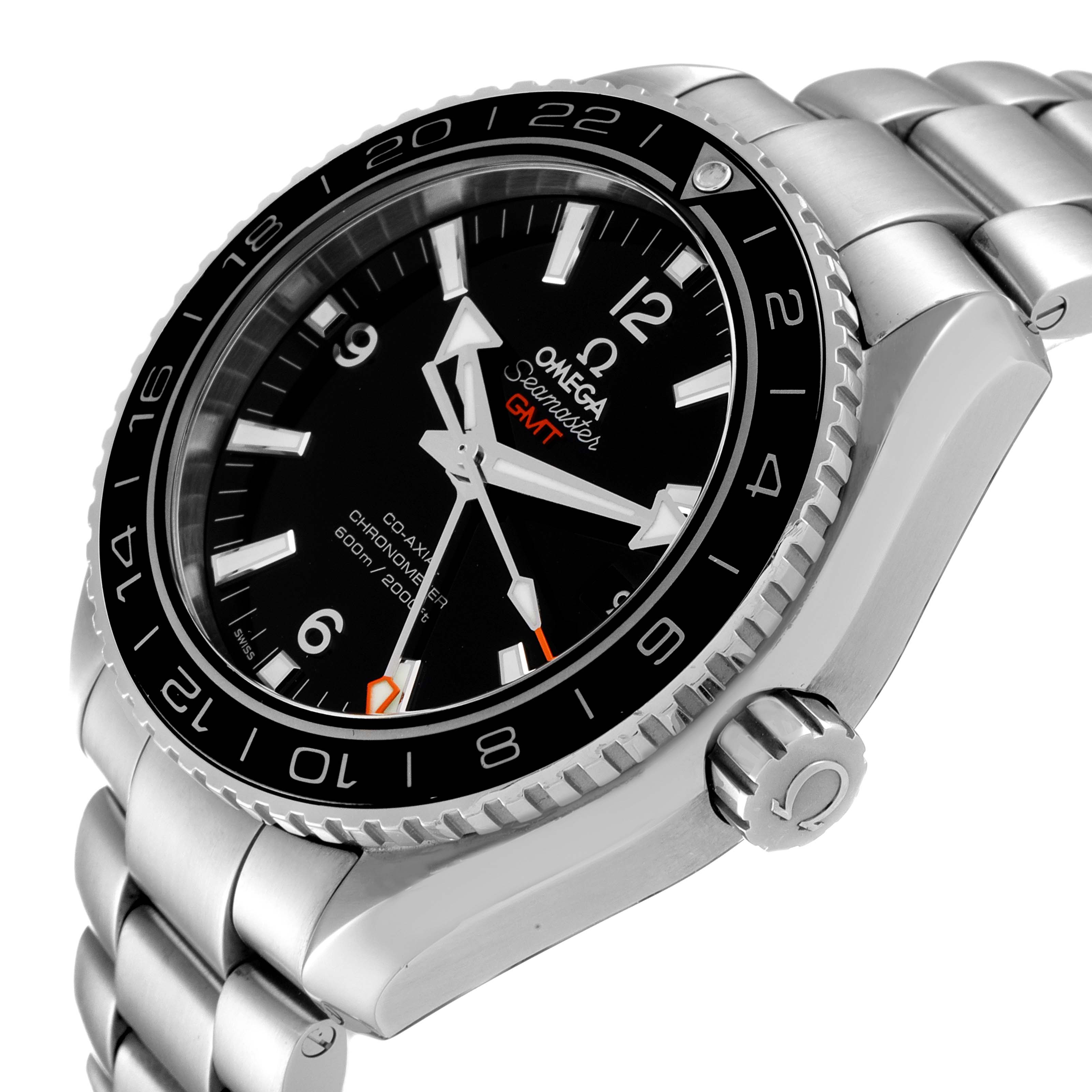 The image shows an Omega Planet Ocean 232.30.44.22.01.001 Men's Stainless Steel Black Dial 232.30.44.22.01.001 Men's Stainless Steel Black Dial watch at an angled side view, highlighting the dial, bezel, crown, and bracelet.