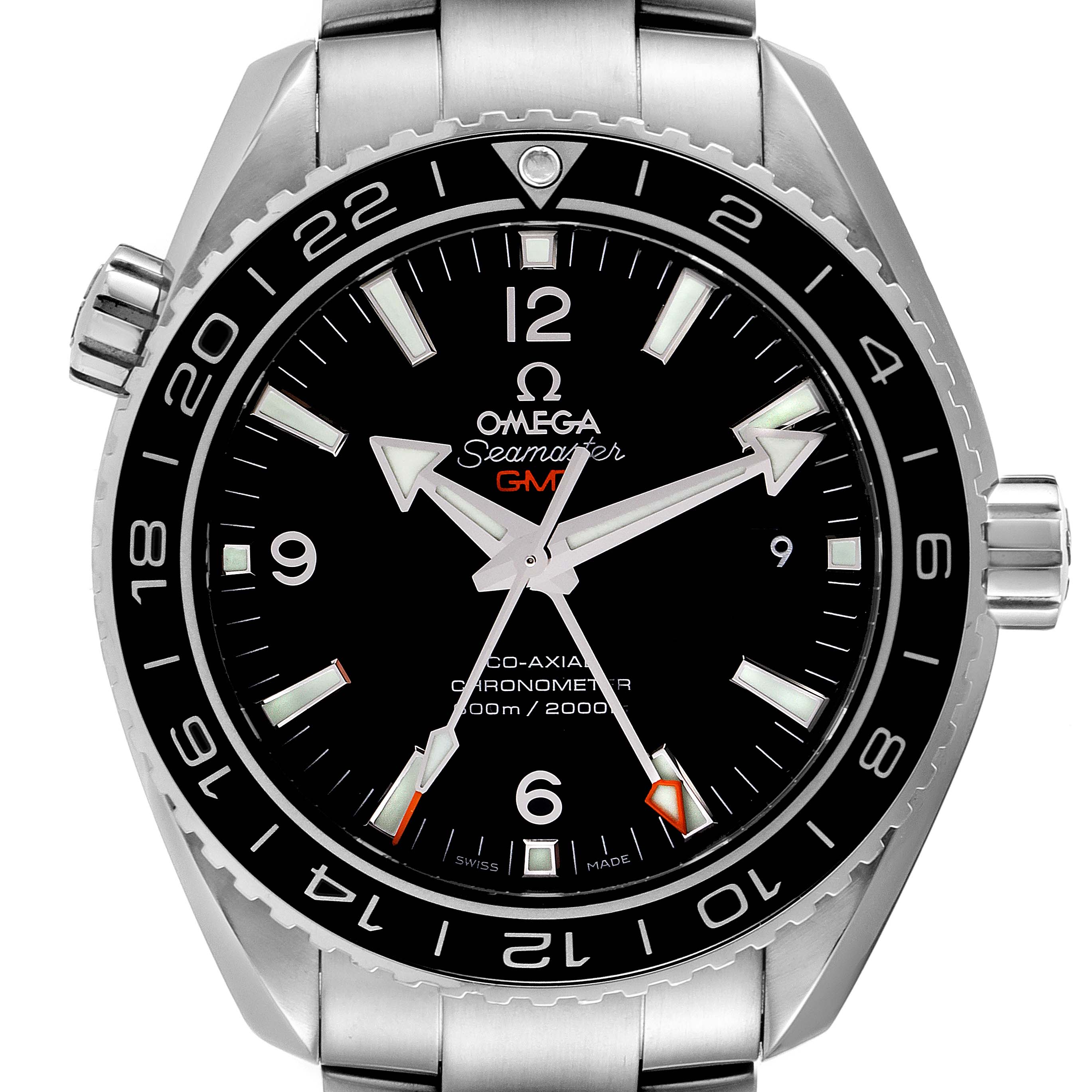 The Omega Planet Ocean 232.30.44.22.01.001 Men's Stainless Steel Black Dial 232.30.44.22.01.001 Men's Stainless Steel Black Dial watch is shown from a front angle, highlighting the face, bezel, crown, and part of the bracelet.