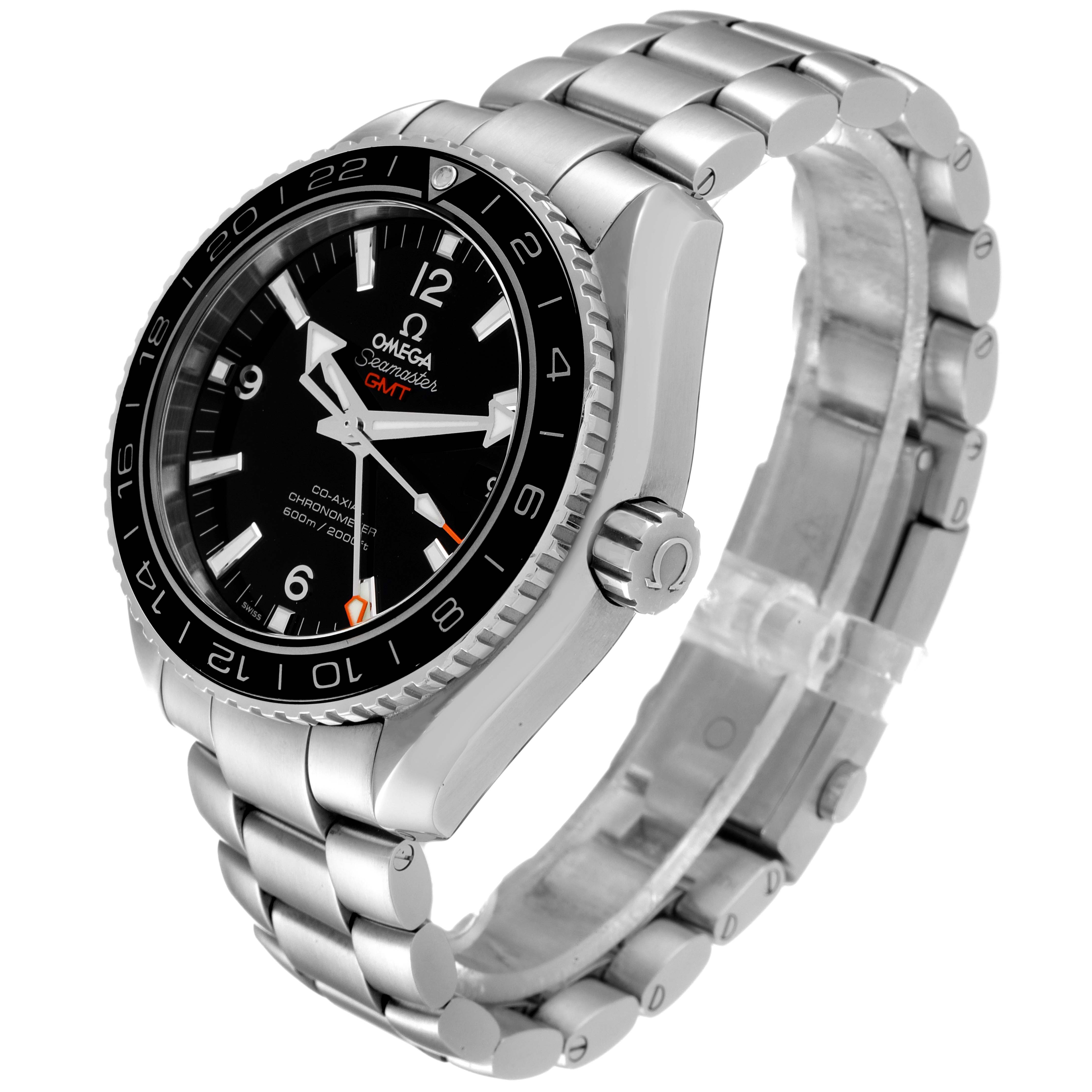 This image shows an angled side view of the Omega Planet Ocean 232.30.44.22.01.001 Men's Stainless Steel Black Dial 232.30.44.22.01.001 Men's Stainless Steel Black Dial watch, highlighting the dial, bezel, crown, and metal bracelet.