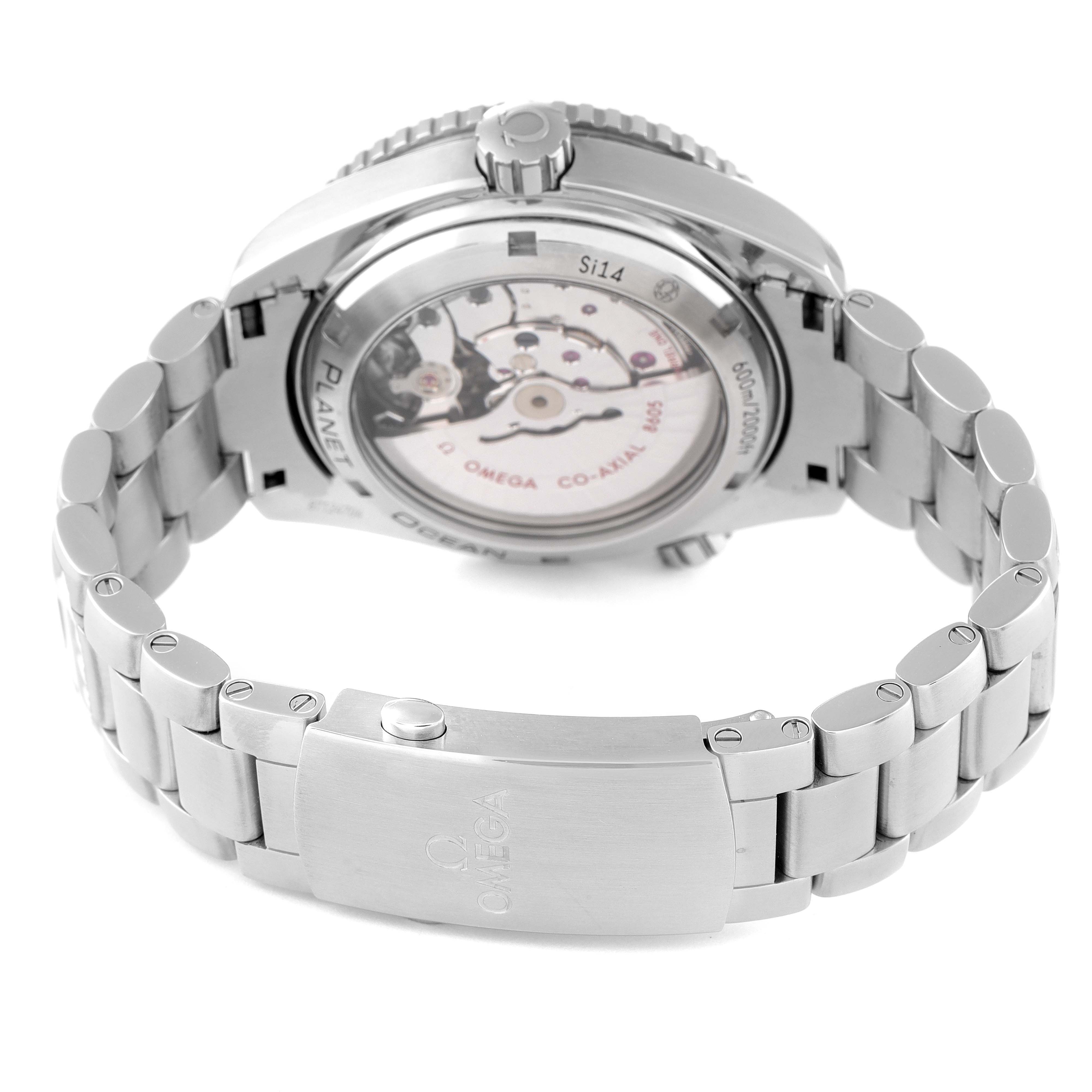 This image shows the back view of the Omega Planet Ocean 232.30.44.22.01.001 Men's Stainless Steel Black Dial 232.30.44.22.01.001 Men's Stainless Steel Black Dial watch, highlighting its transparent case back, movement, and stainless steel bracelet.