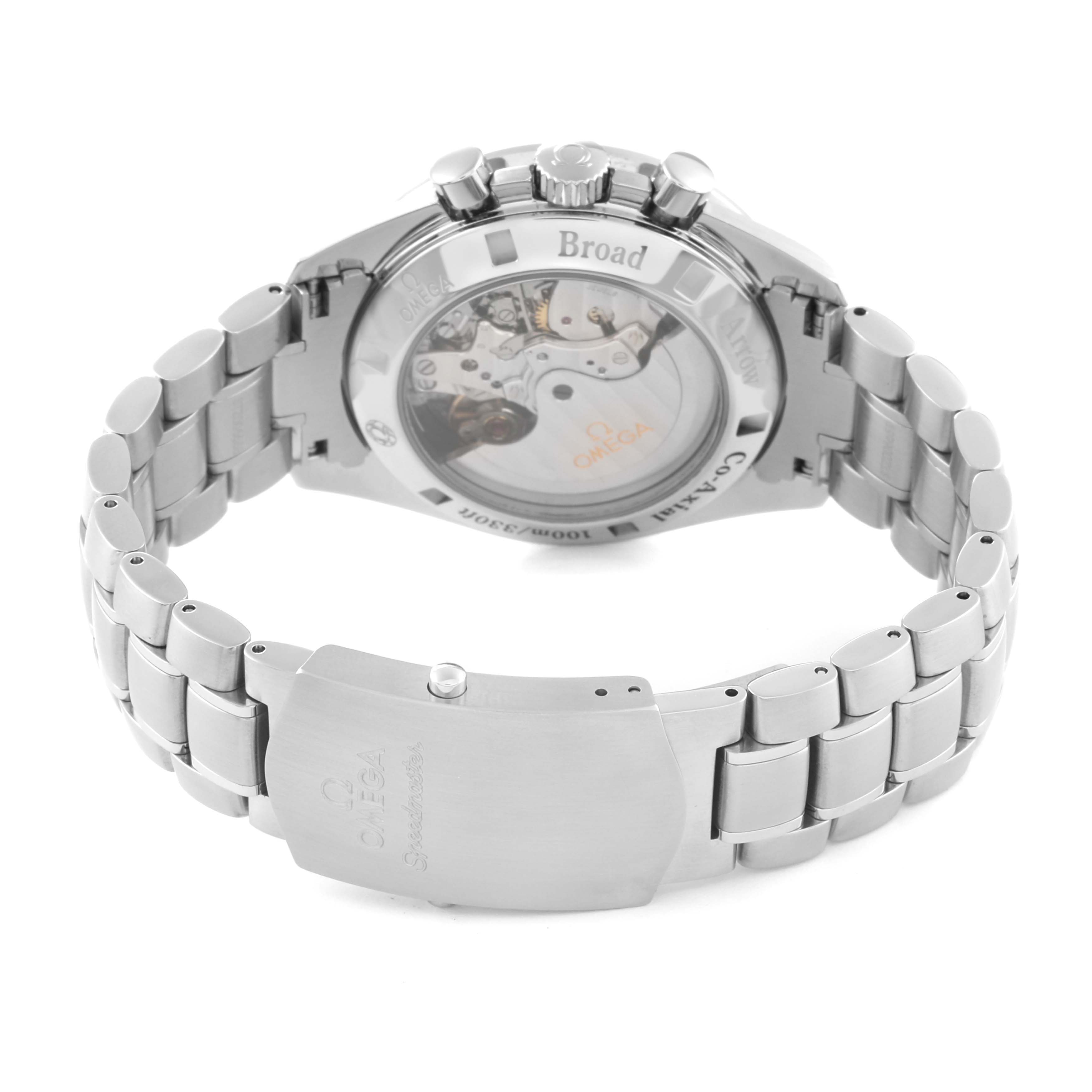 The image shows the back view of an Omega Speedmaster 321.10.42.50.01.001 Men
s Stainless Steel Black Dial 321.10.42.50.01.001 Men
s Stainless Steel Black Dial watch, highlighting its transparent case back and metal bracelet.