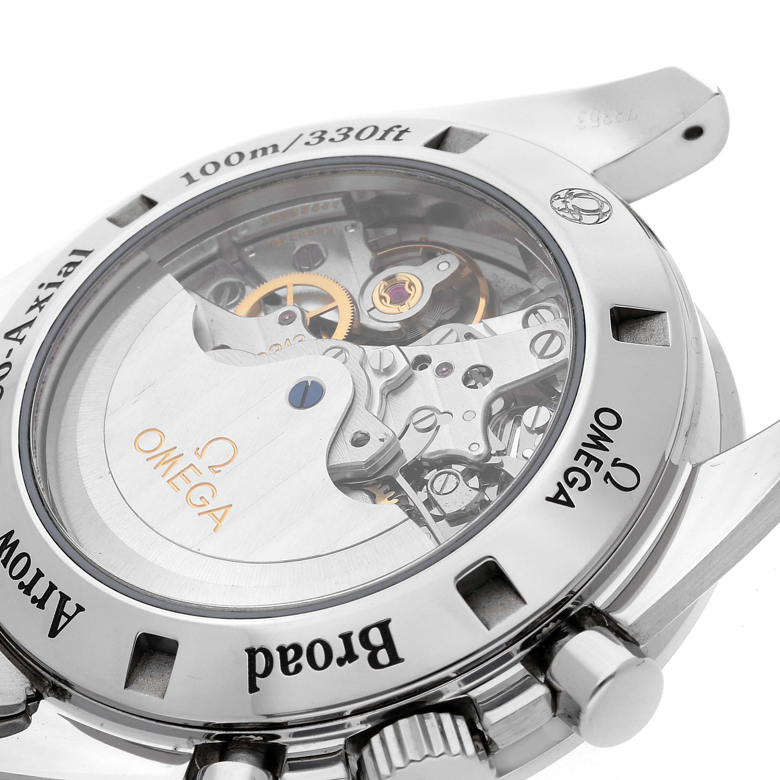 This image shows the back of the Omega Speedmaster 321.10.42.50.01.001 Men
s Stainless Steel Black Dial 321.10.42.50.01.001 Men
s Stainless Steel Black Dial, highlighting its exposed automatic movement mechanism.