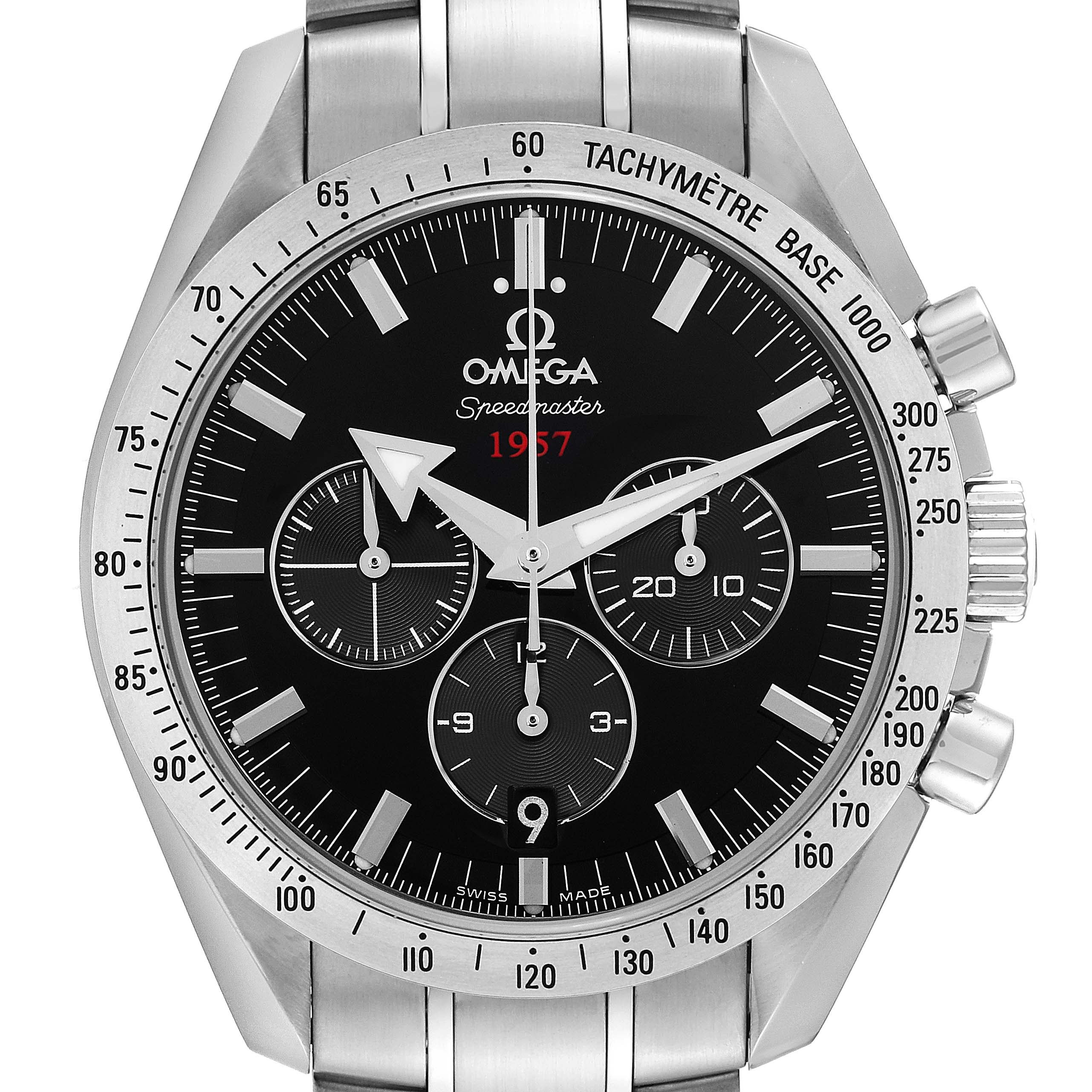 The image shows a front view of an Omega Speedmaster 321.10.42.50.01.001 Men
s Stainless Steel Black Dial 321.10.42.50.01.001 Men
s Stainless Steel Black Dial watch, highlighting its dial, chronograph subdials, and bezel.