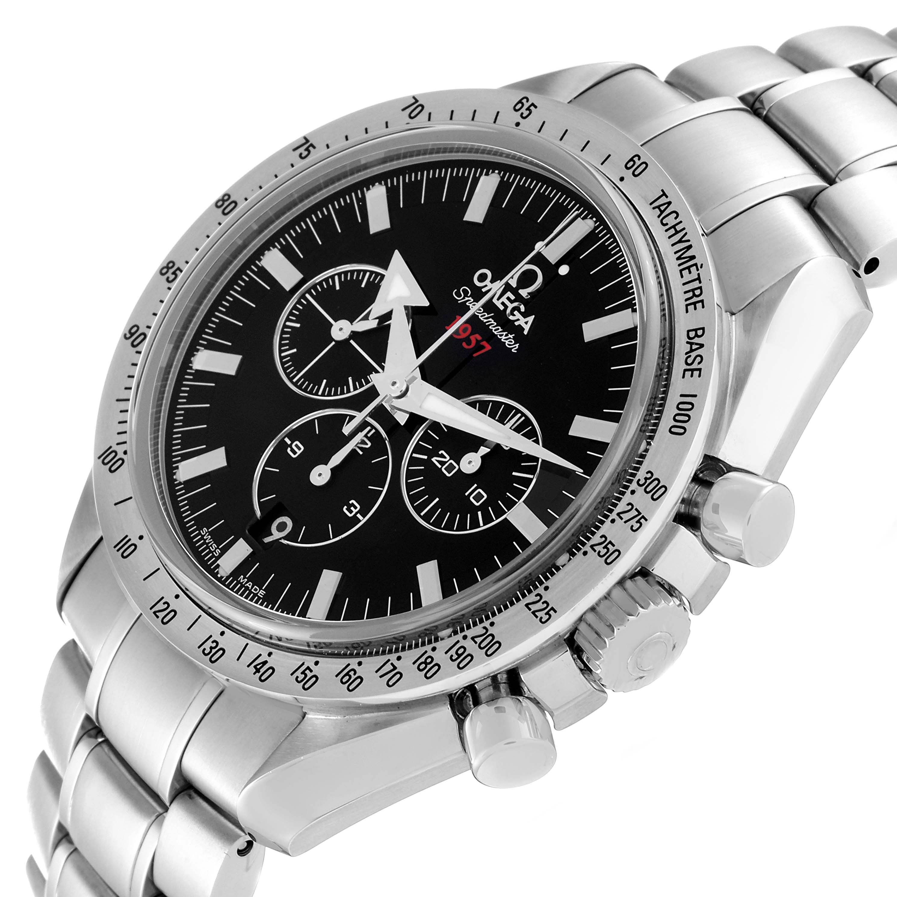 The Omega Speedmaster 321.10.42.50.01.001 Men
s Stainless Steel Black Dial 321.10.42.50.01.001 Men
s Stainless Steel Black Dial watch is shown at an angled view highlighting the black dial, chronograph sub-dials, tachymeter scale, and polished bracelet.