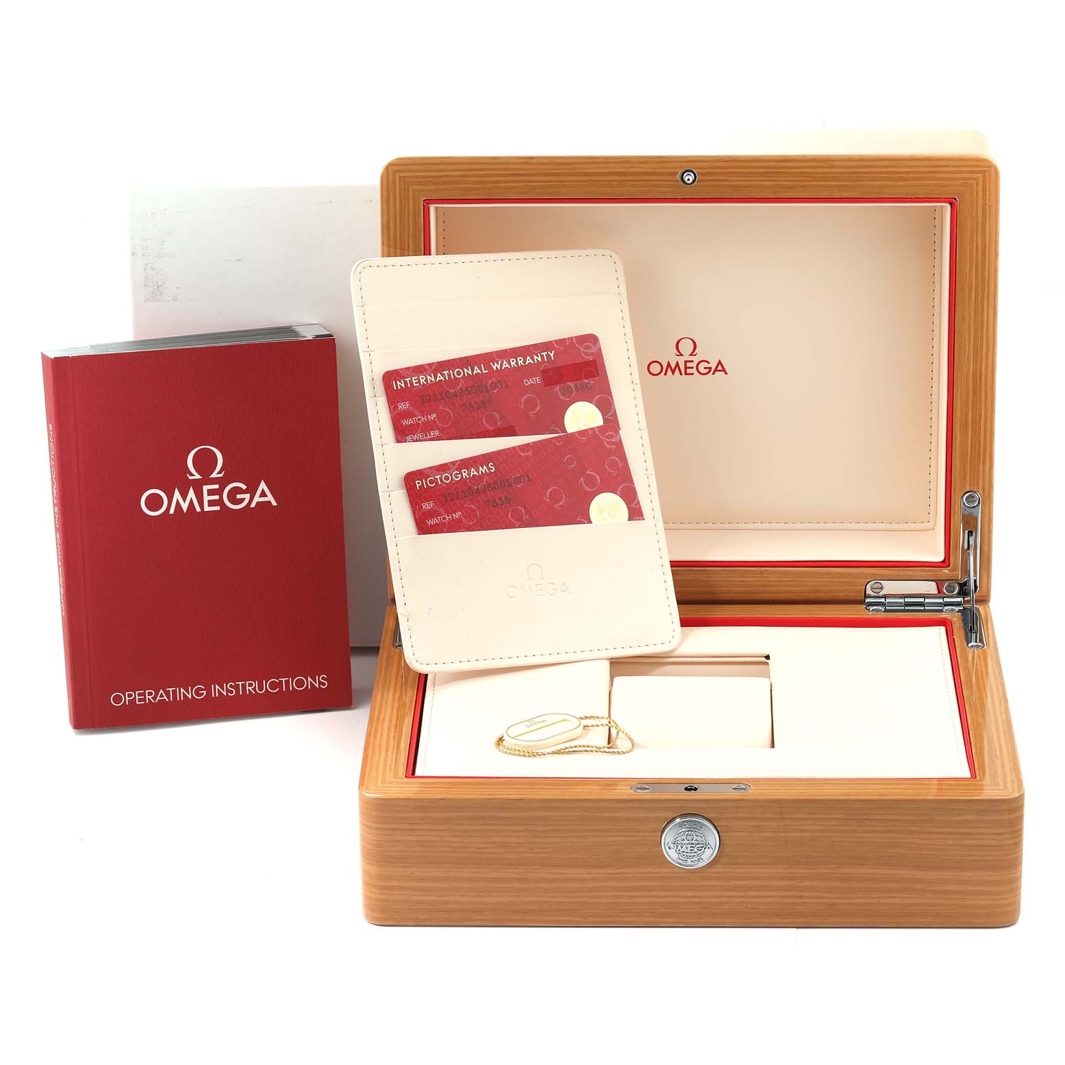 The image shows the packaging, instruction manual, warranty cards, and a wooden box of the Omega Speedmaster 321.10.42.50.01.001 Men
s Stainless Steel Black Dial 321.10.42.50.01.001 Men
s Stainless Steel Black Dial watch.