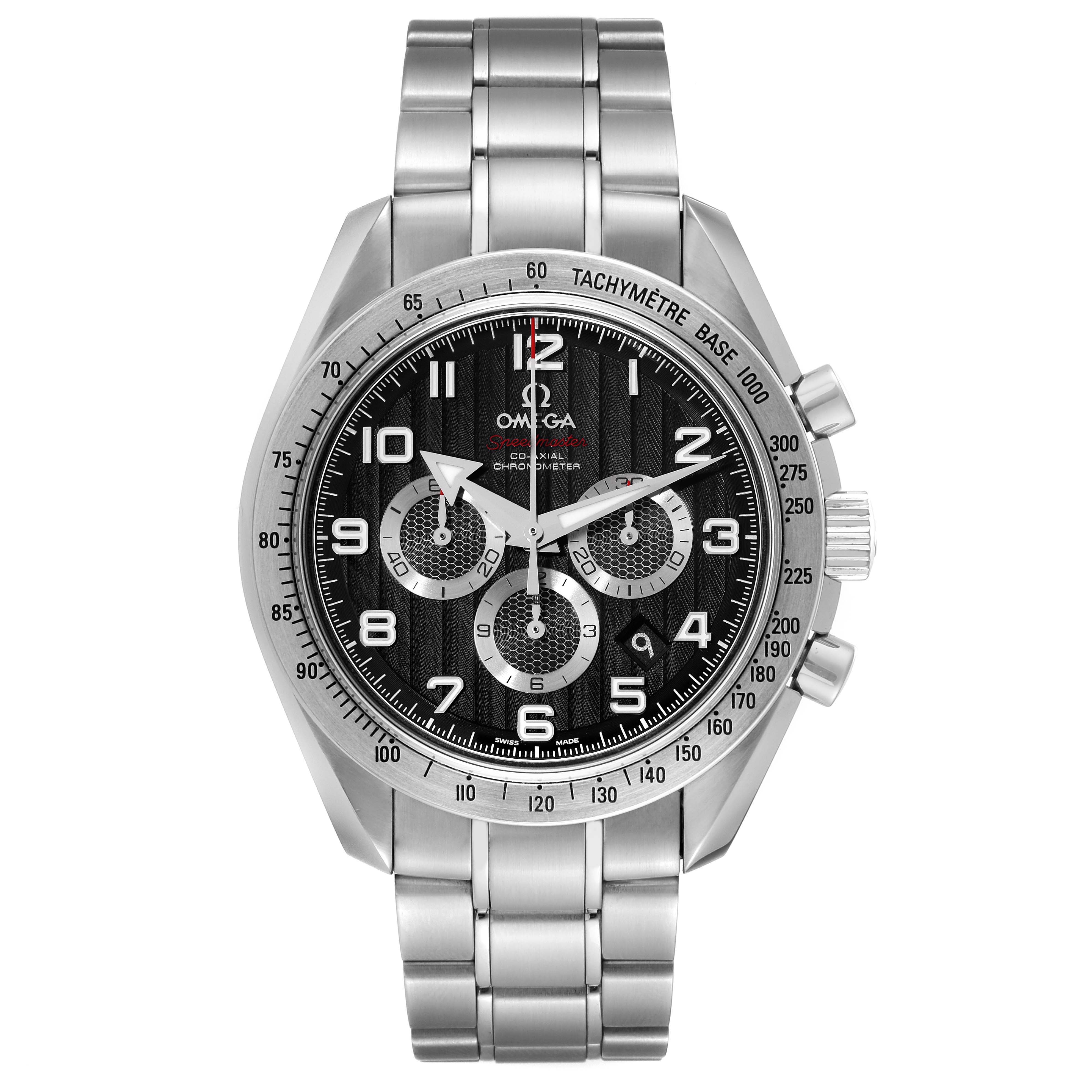 The image shows a front view of an Omega Speedmaster 321.10.44.50.01.001 Men
s Stainless Steel Black Dial 321.10.44.50.01.001 Men
s Stainless Steel Black Dial watch, displaying its face, bezel, and metal bracelet.