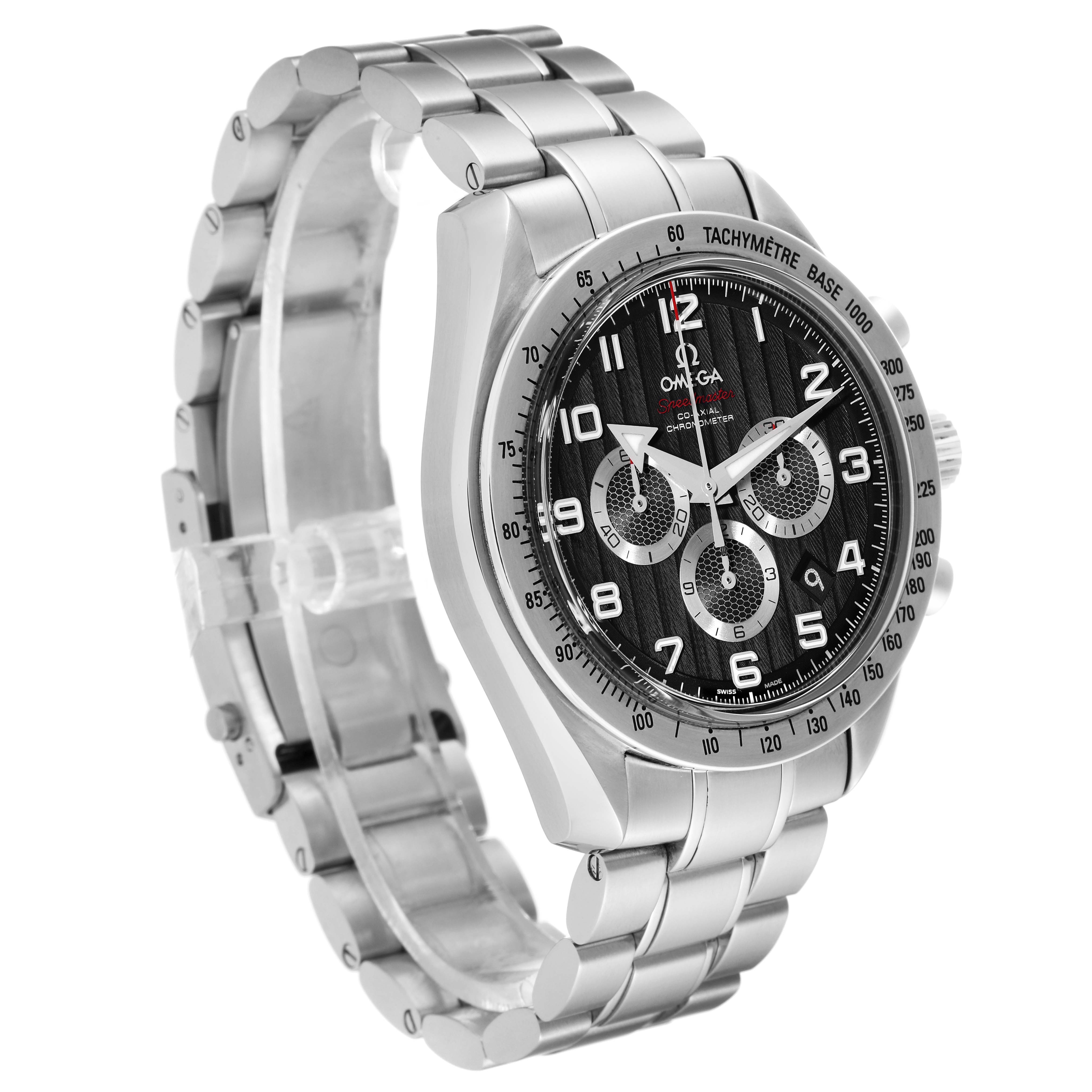 The image shows an angled view of the Omega Speedmaster 321.10.44.50.01.001 Men
s Stainless Steel Black Dial 321.10.44.50.01.001 Men
s Stainless Steel Black Dial watch, highlighting its stainless steel bracelet and chronograph dial.